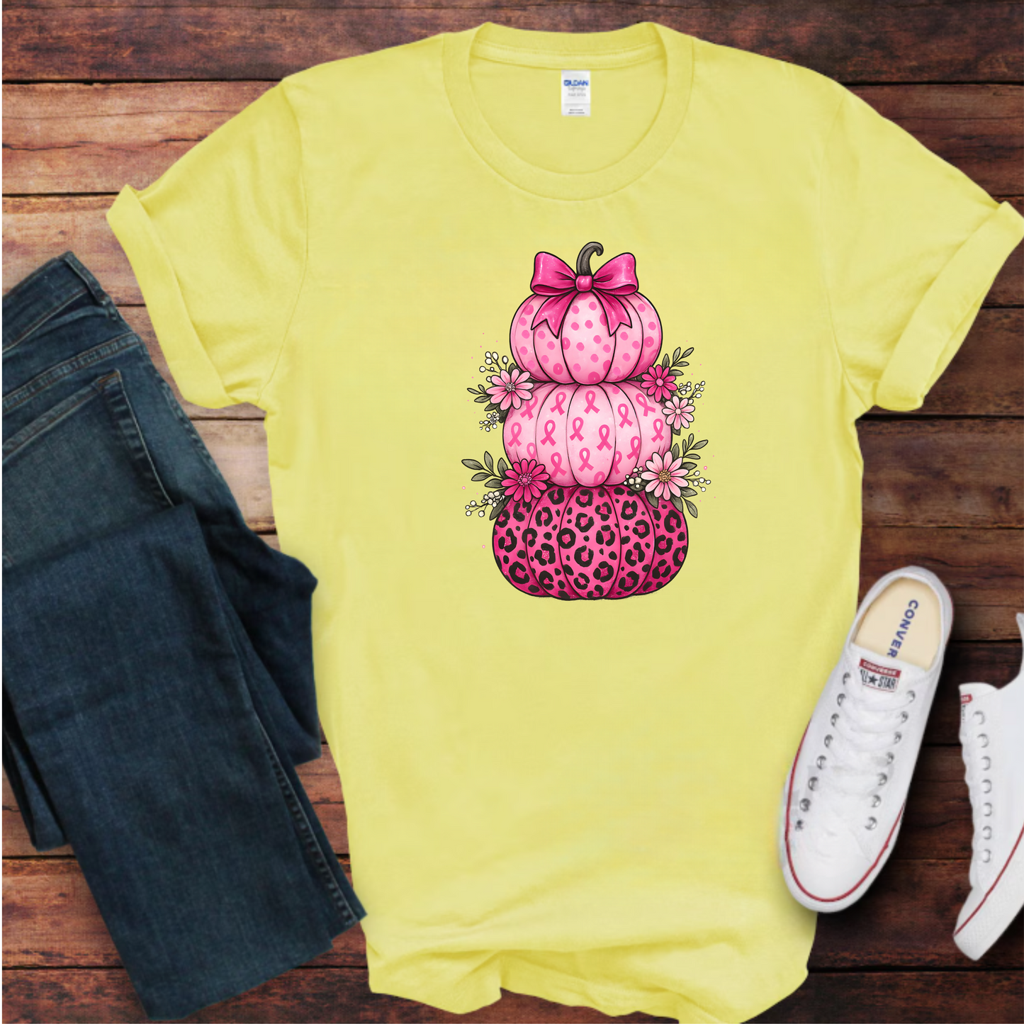 Unisex T-Shirt Pink Ribbon Stacked Pumpkins Halloween Fall