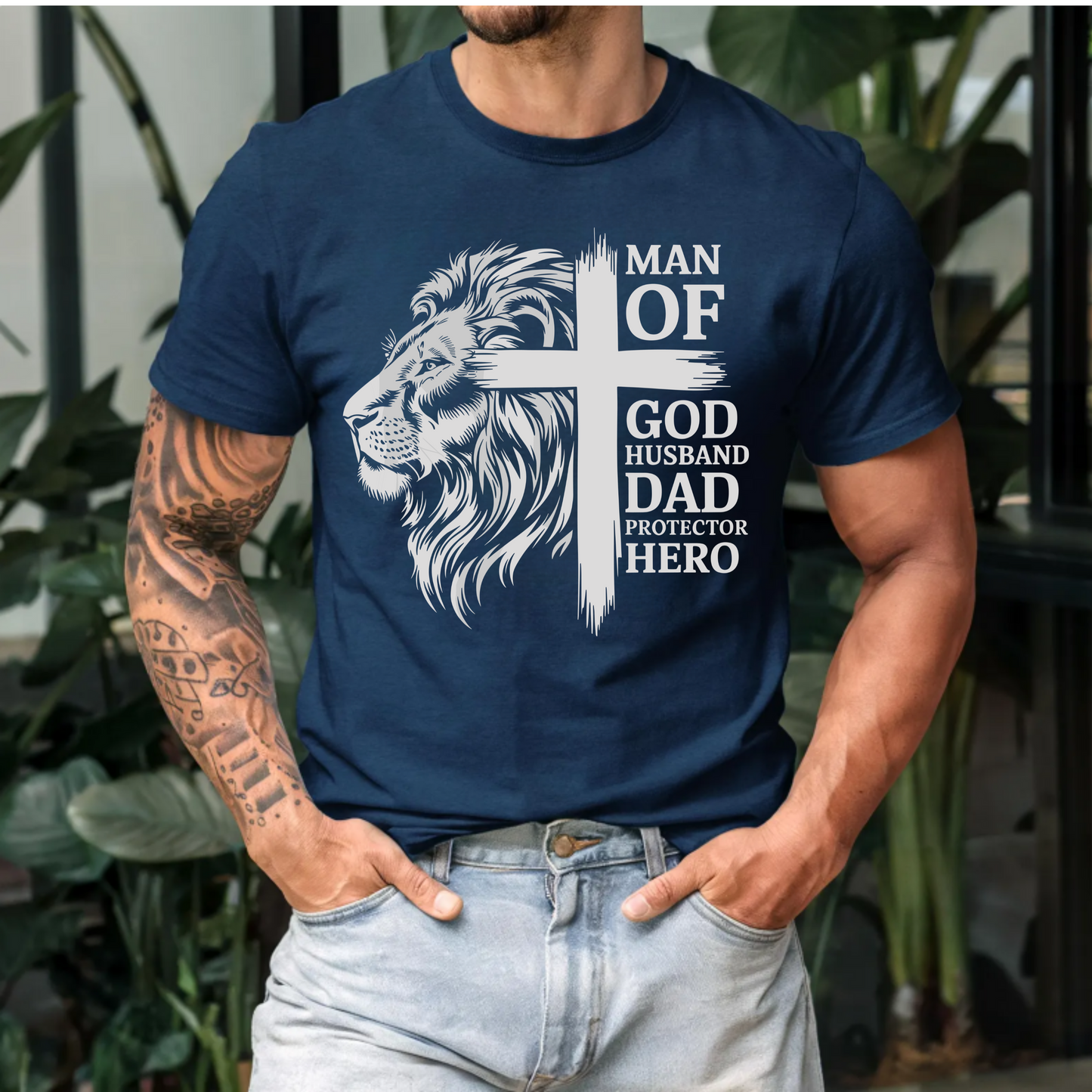 Men's Faith & Family Graphic Tee - 'Man of God, Husband, Dad, Protector, Hero'