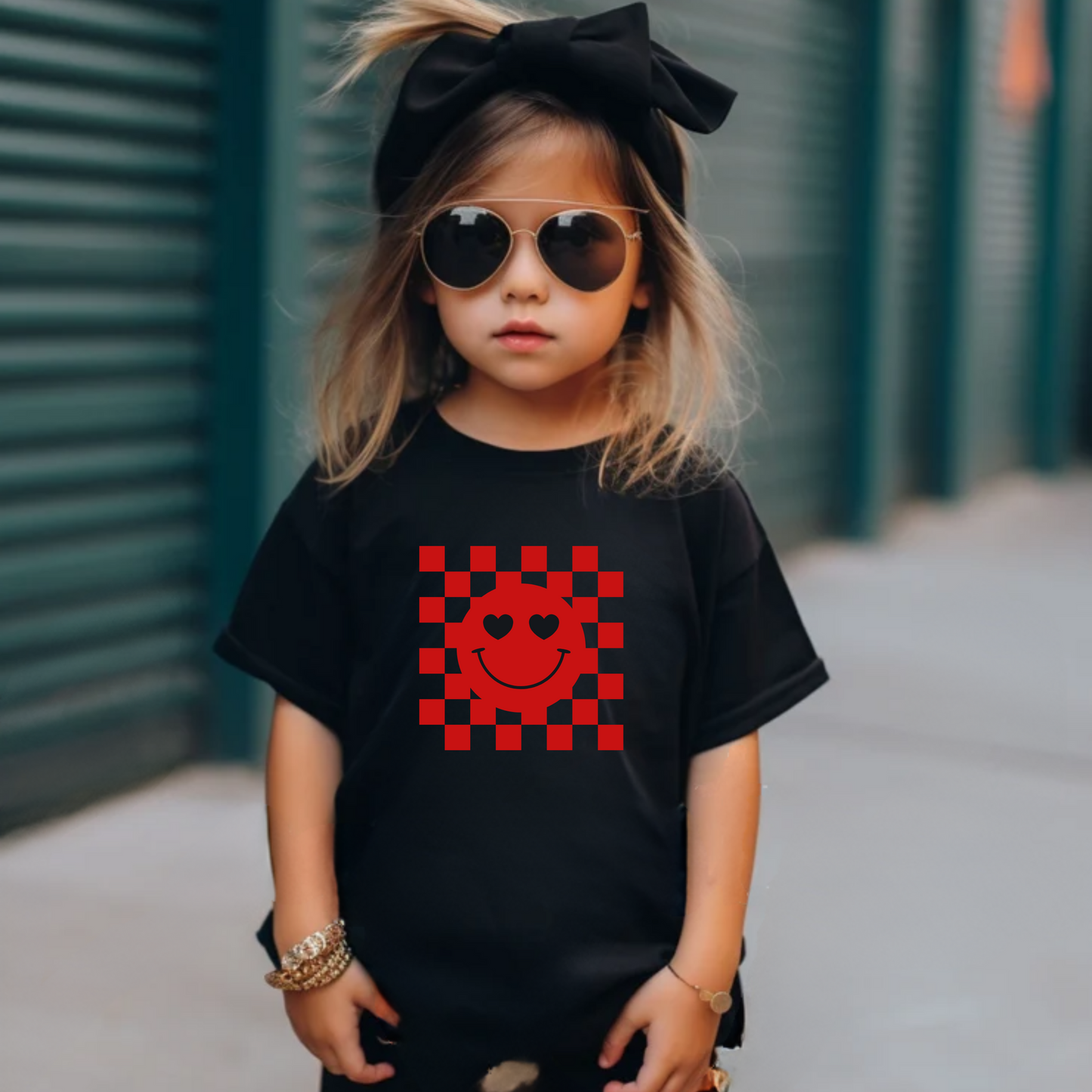 Toddler Tee - Checkerboard Smiley Face with Heart Eyes Design