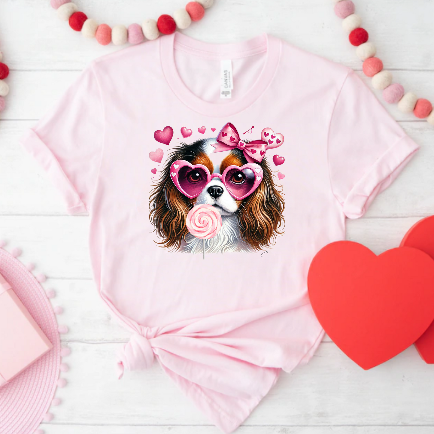Valentines Day Tee with Dog and Heart Sunglasses