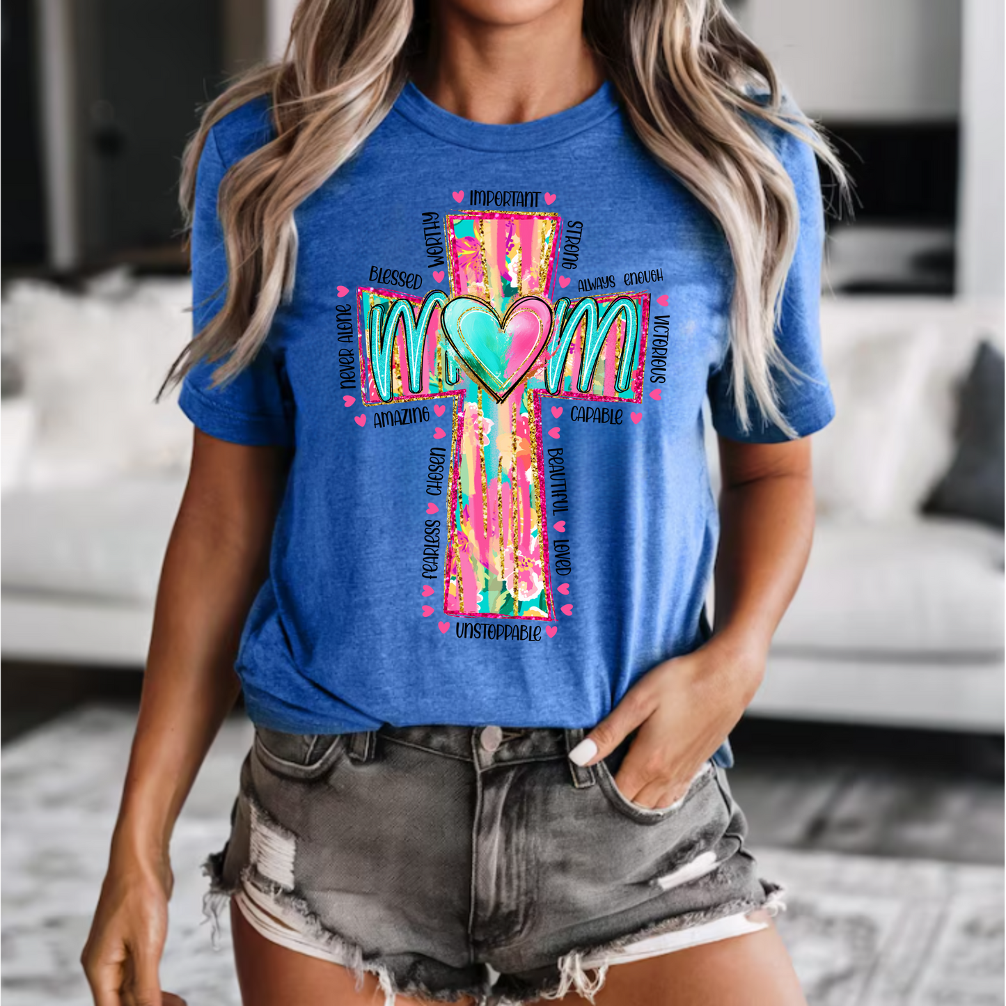 Christian Mom Unisex Tee with Neon Cross Design