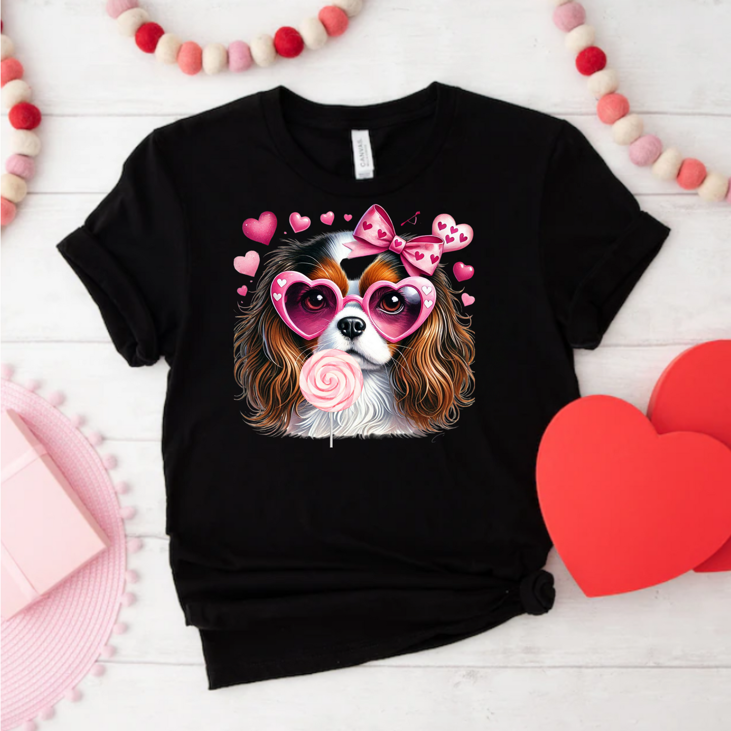 Valentines Day Tee with Dog and Heart Sunglasses