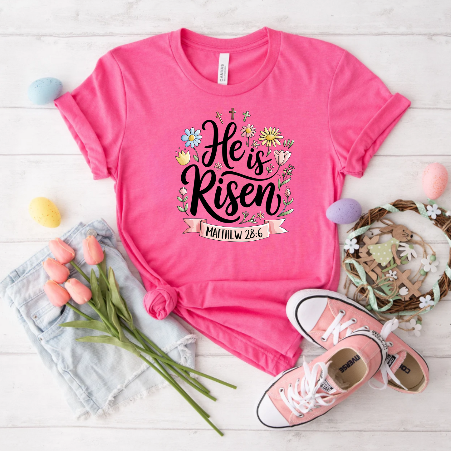 Floral 'He is Risen' Tee