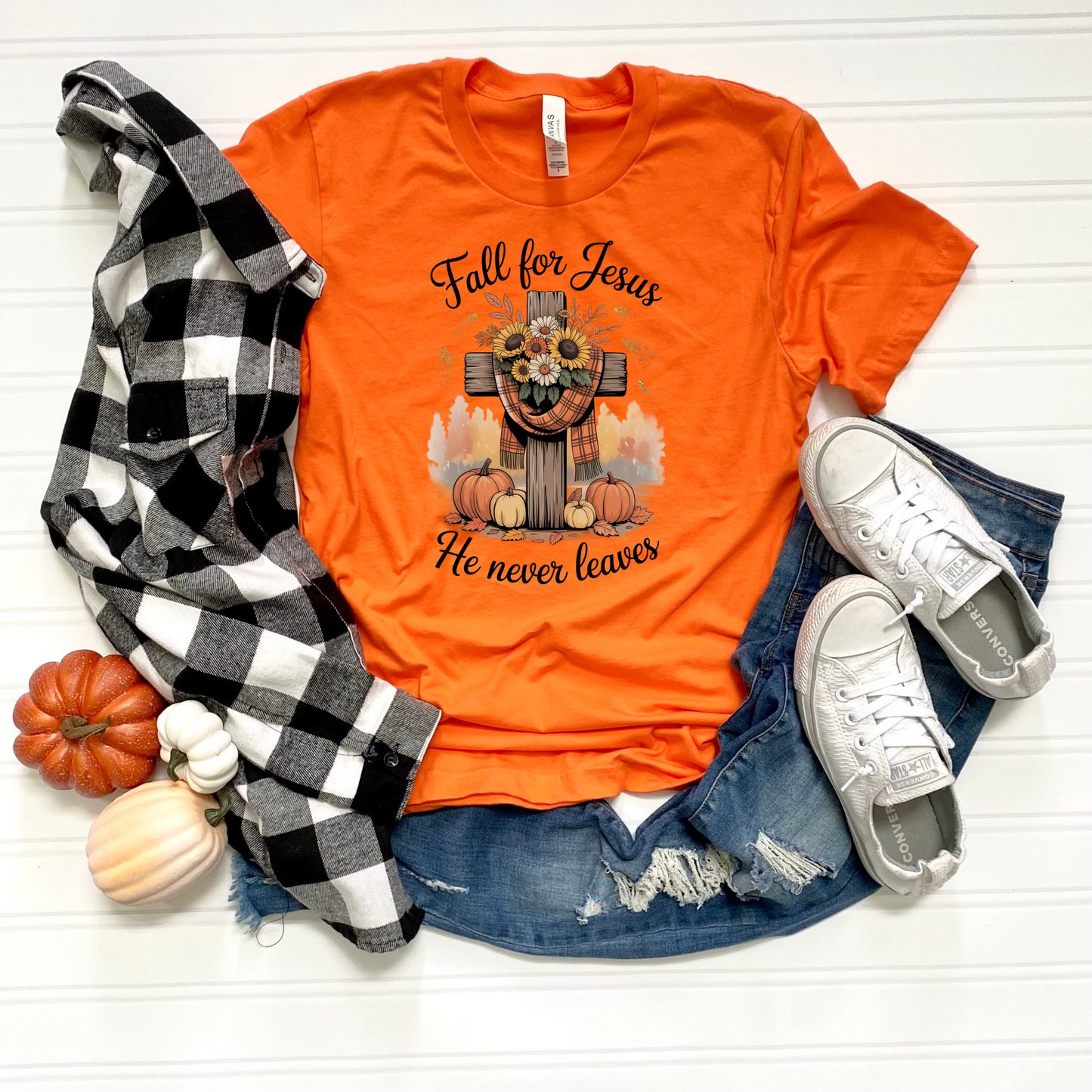 Christian Fall Unisex T-Shirt - 'Fall for Jesus he never leaves'