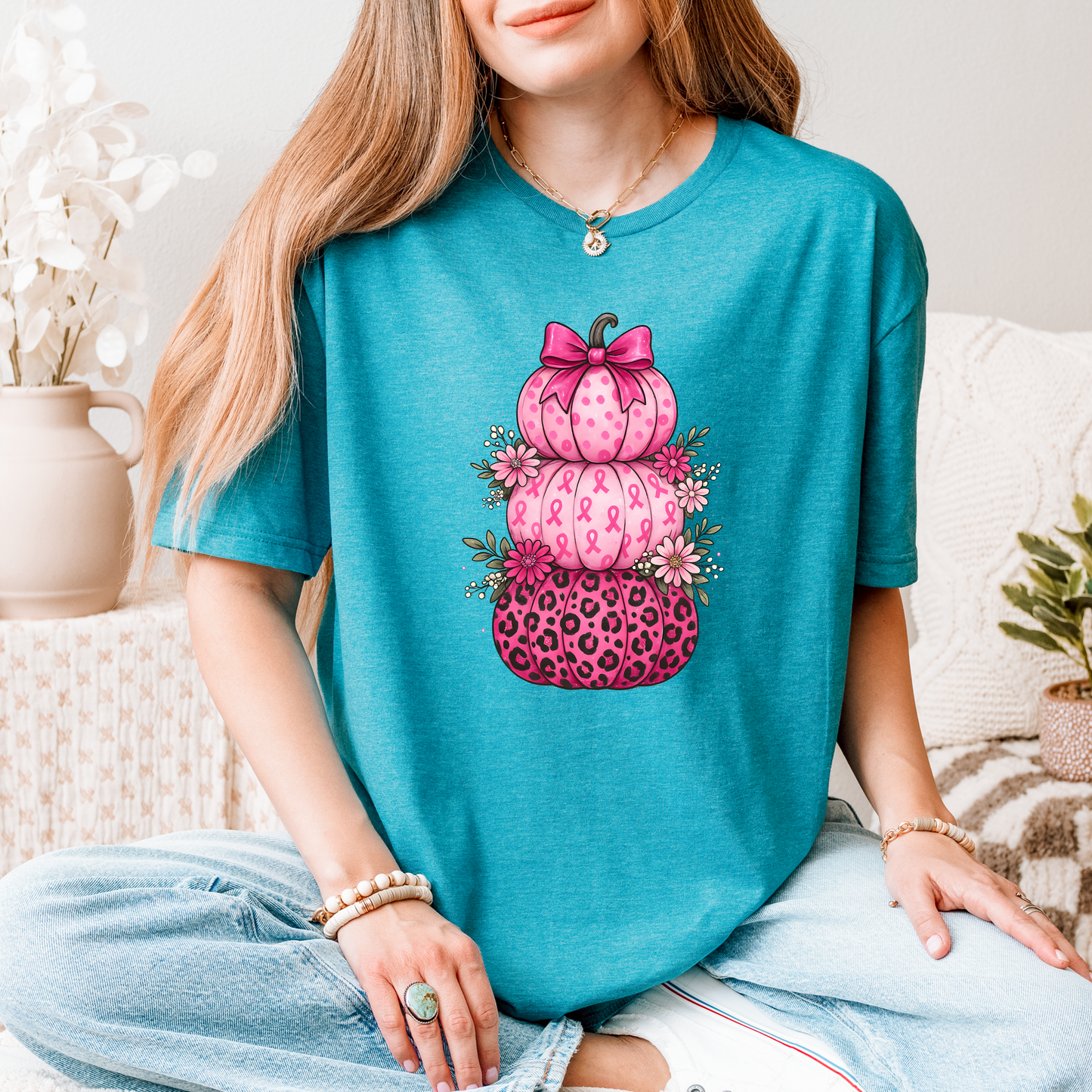 Unisex T-Shirt Pink Ribbon Stacked Pumpkins Halloween Fall