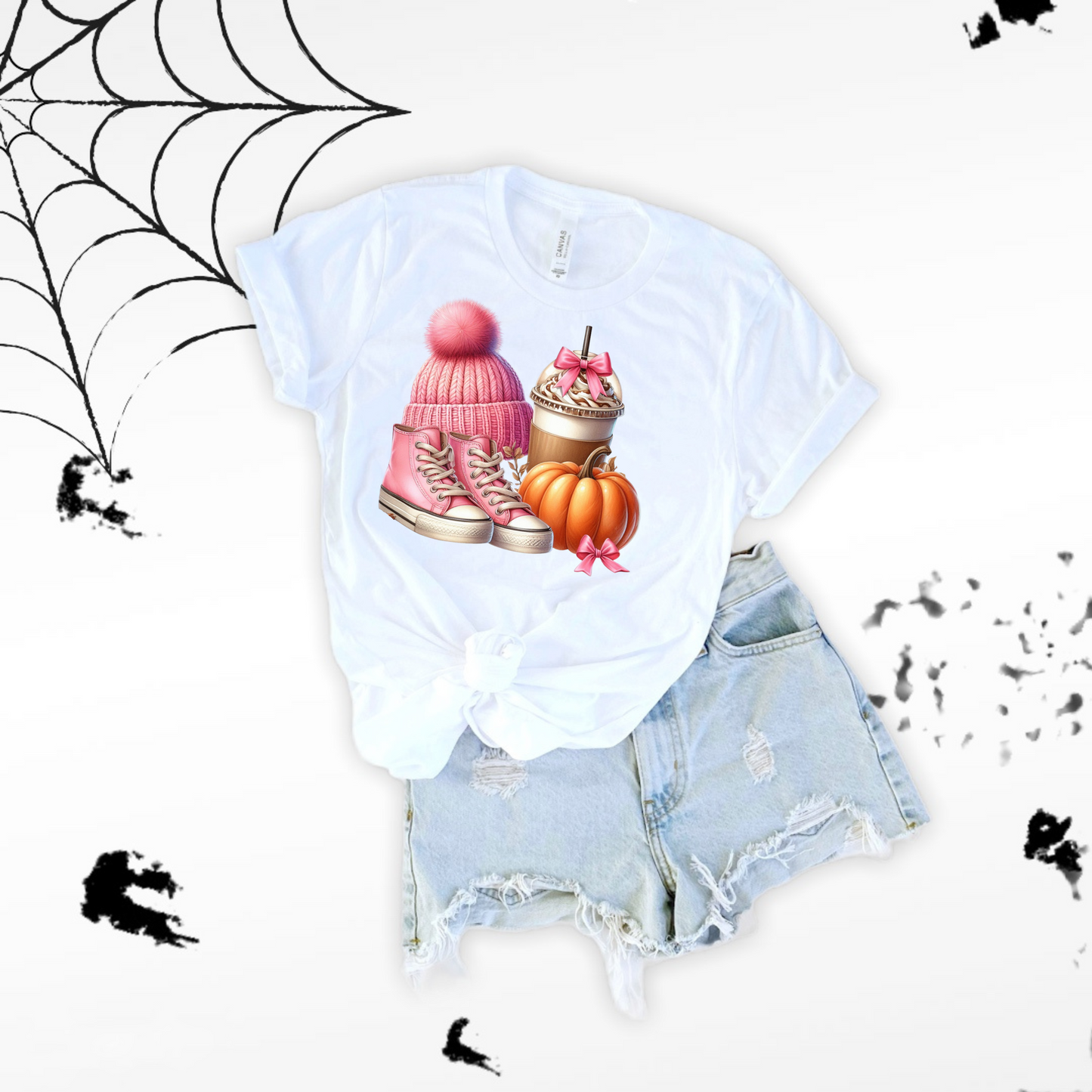 Pink Autumn Unisex T-Shirt - Pink Beanie, Pink Boots, coffee and Pumpkin Design