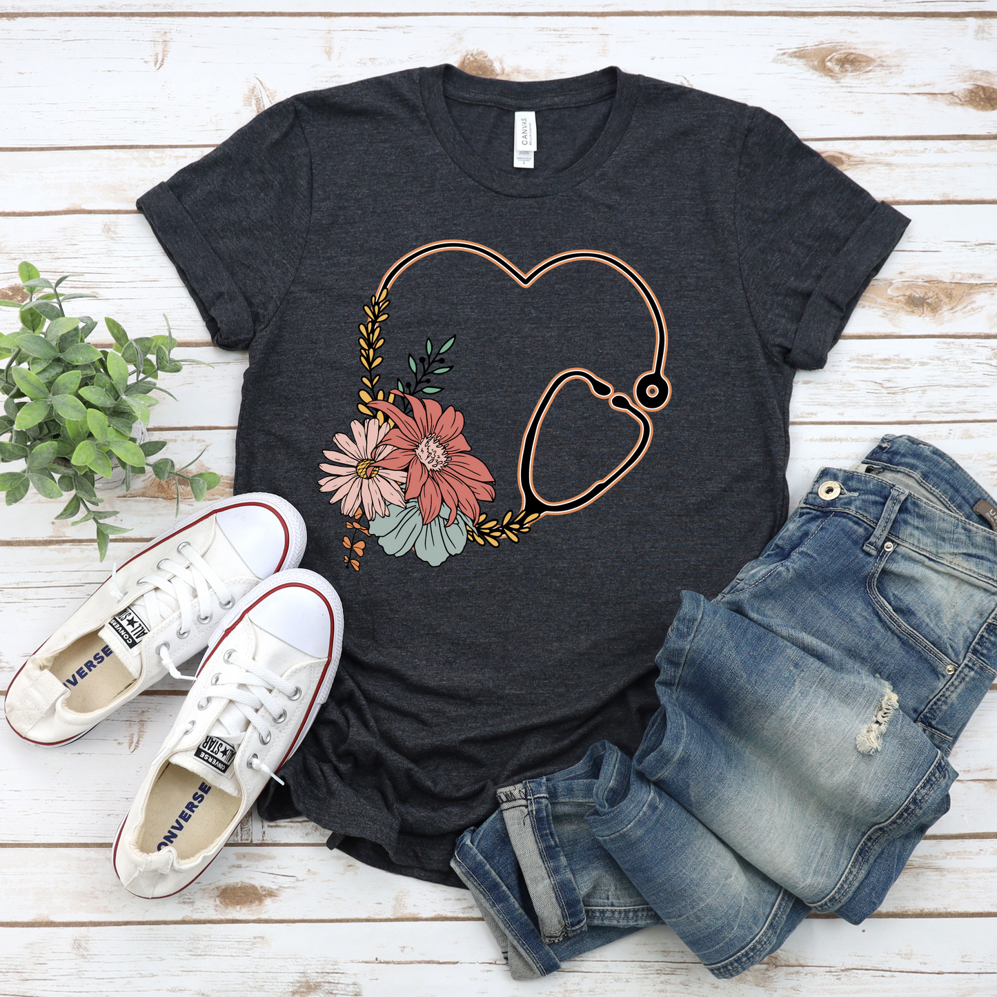 Floral Nursing Stethoscope Tee
