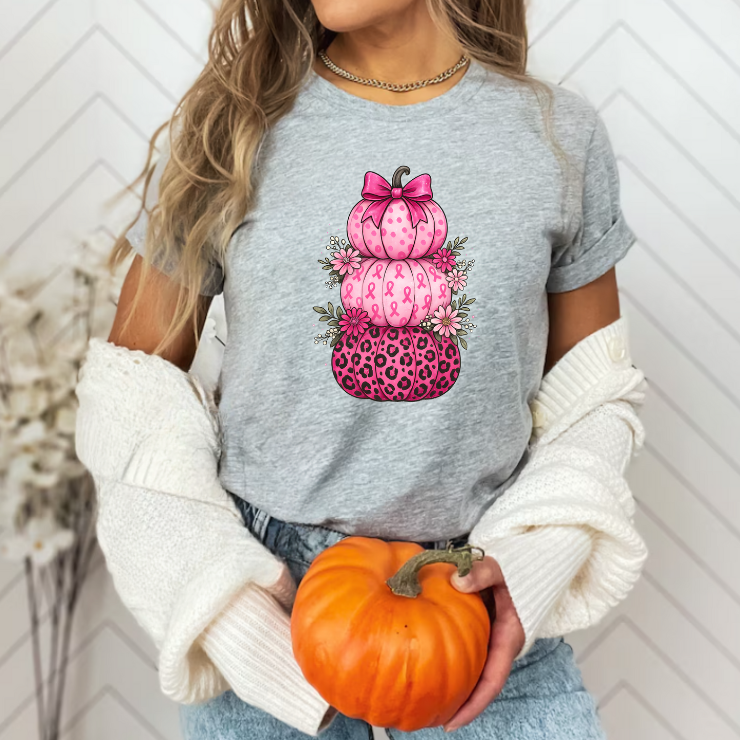 Unisex T-Shirt Pink Ribbon Stacked Pumpkins Halloween Fall