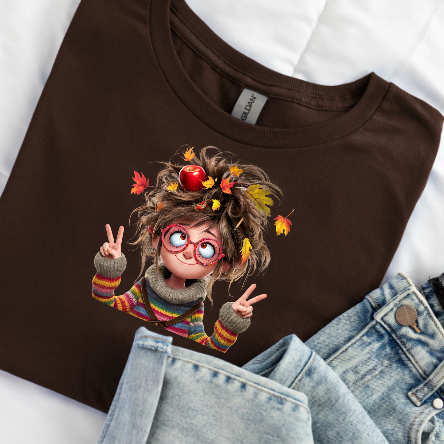 Fall Lady Softstyle T-Shirt with Crazy Hair, Leaves, and Apples