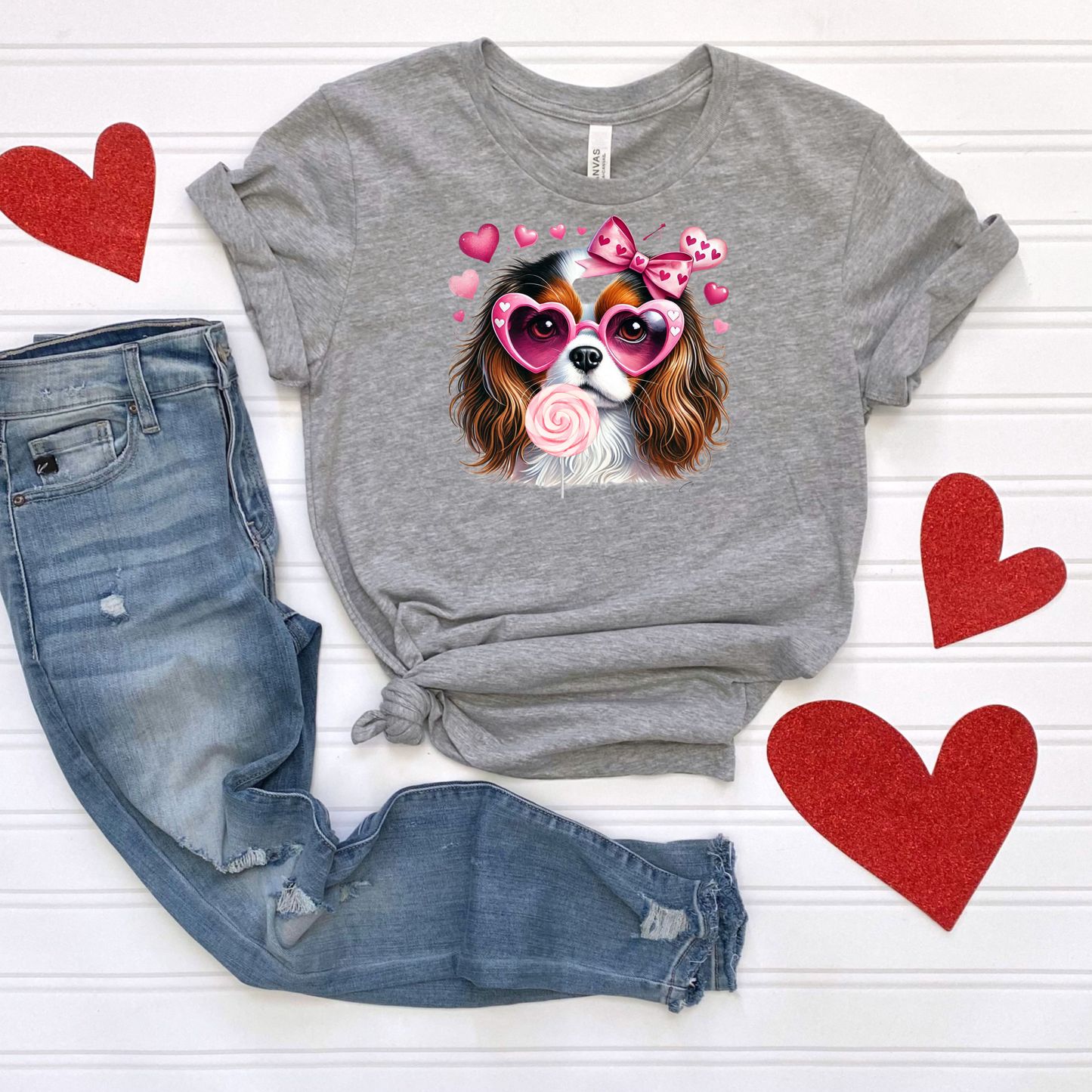 Valentines Day Tee with Dog and Heart Sunglasses