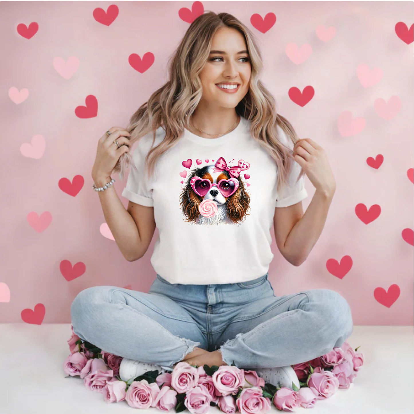 Valentines Day Tee with Dog and Heart Sunglasses
