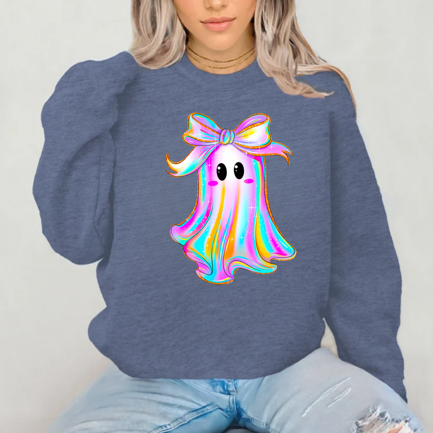 Iridescent Ghost with Bow Crewneck Sweatshirt