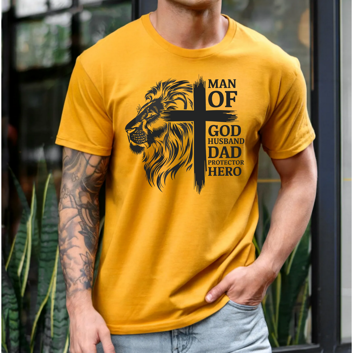 Men's Faith & Family Graphic Tee - 'Man of God, Husband, Dad, Protector, Hero'
