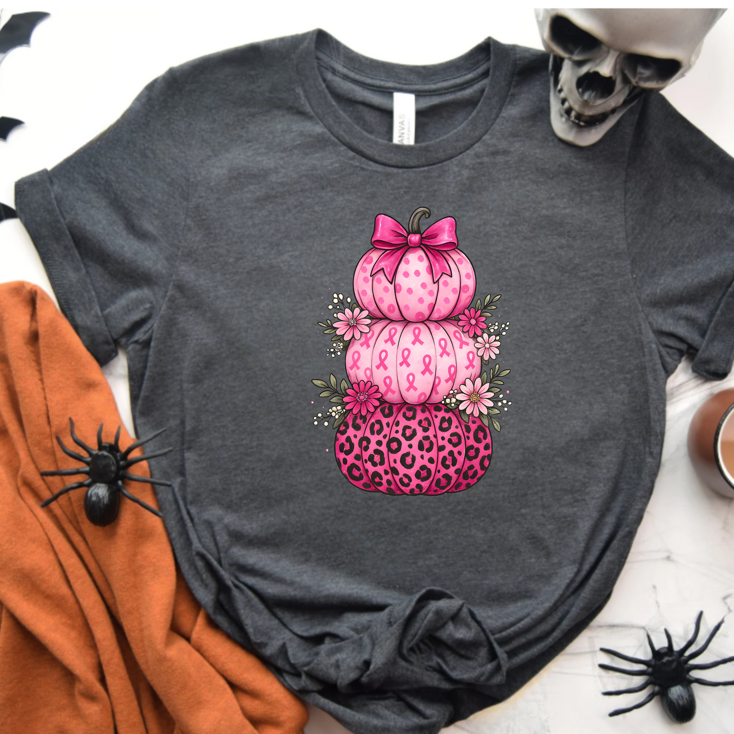 Unisex T-Shirt Pink Ribbon Stacked Pumpkins Halloween Fall