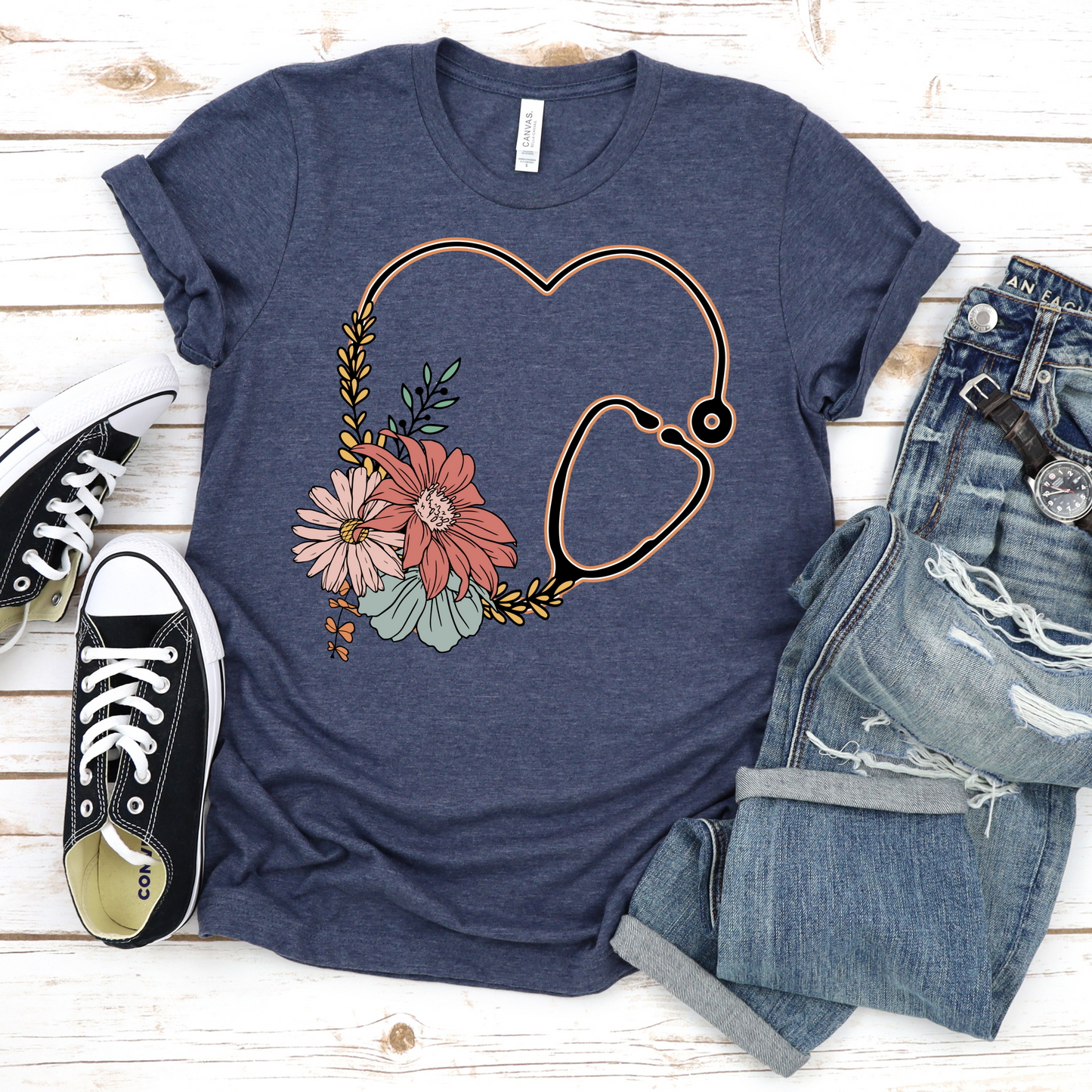 Floral Nursing Stethoscope Tee