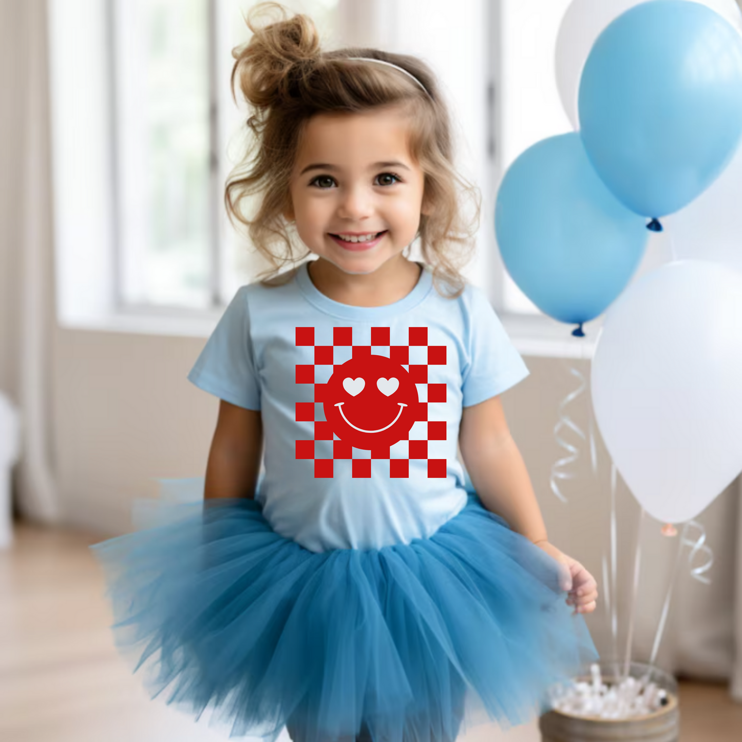 Toddler Tee - Checkerboard Smiley Face with Heart Eyes Design