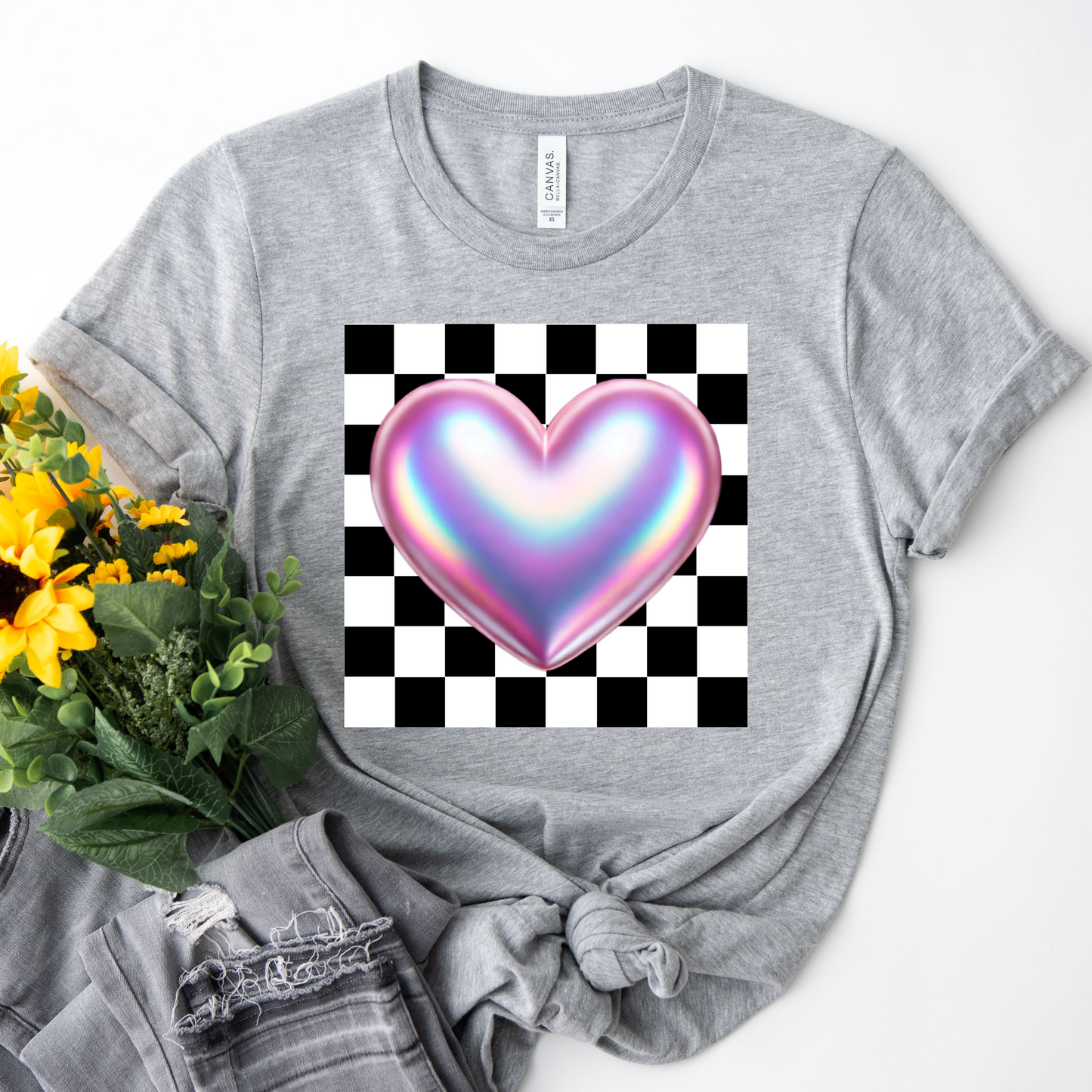 Black and white checkerboard with iridescent pink heart Valentine's Day png