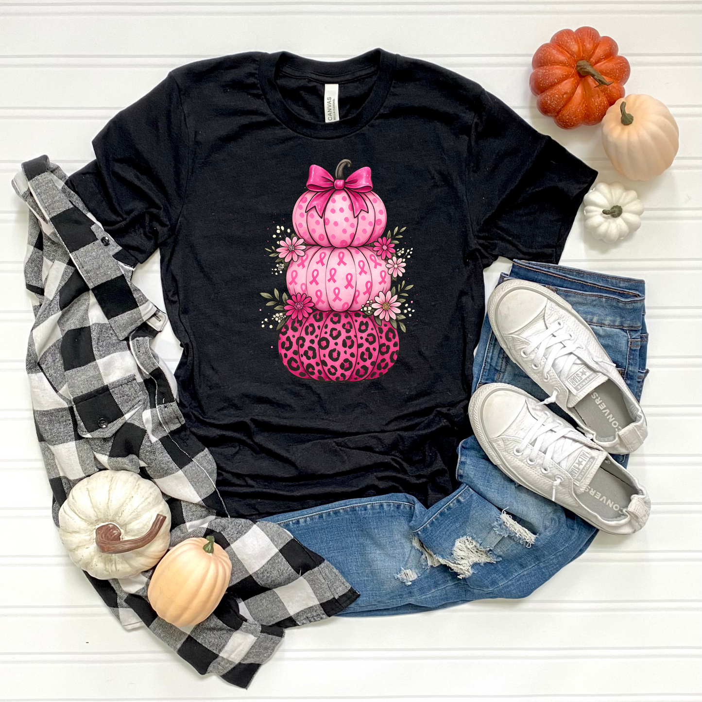 Unisex T-Shirt Pink Ribbon Stacked Pumpkins Halloween Fall