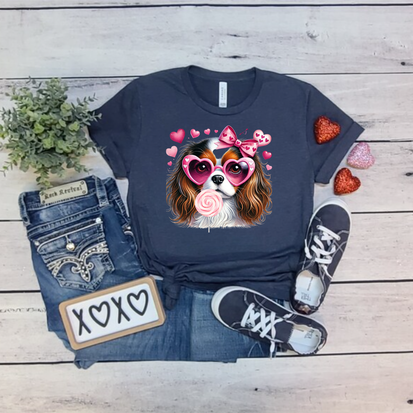Valentines Day Tee with Dog and Heart Sunglasses