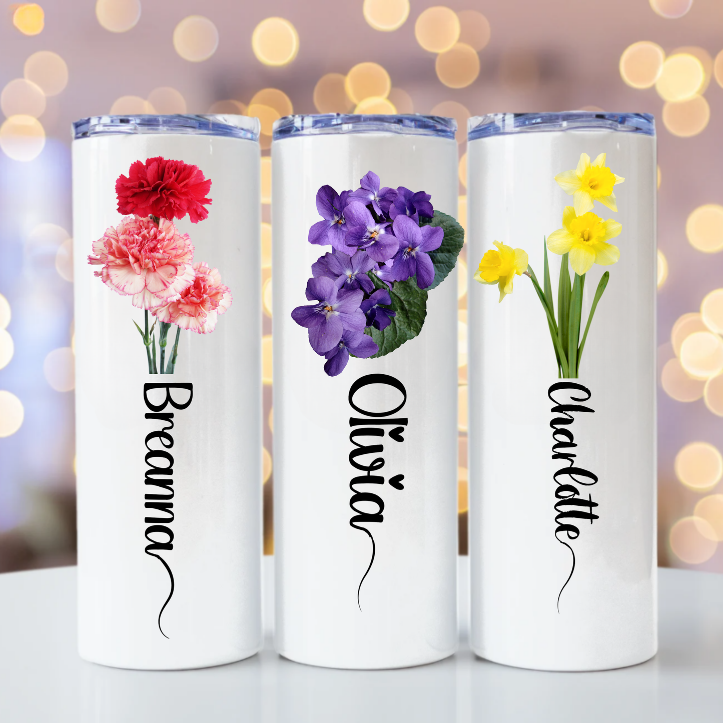 Floral Monthly Skinny Tumbler with Straw - 20oz, Flower of the Month Design