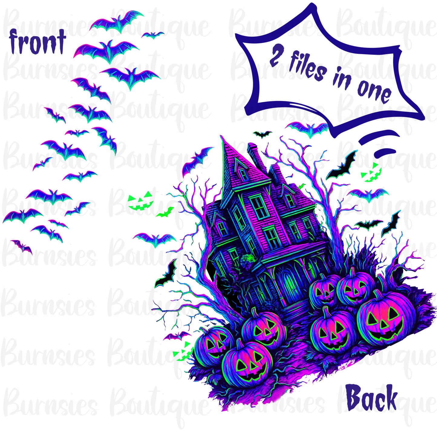 Neon front and back Halloween scene png