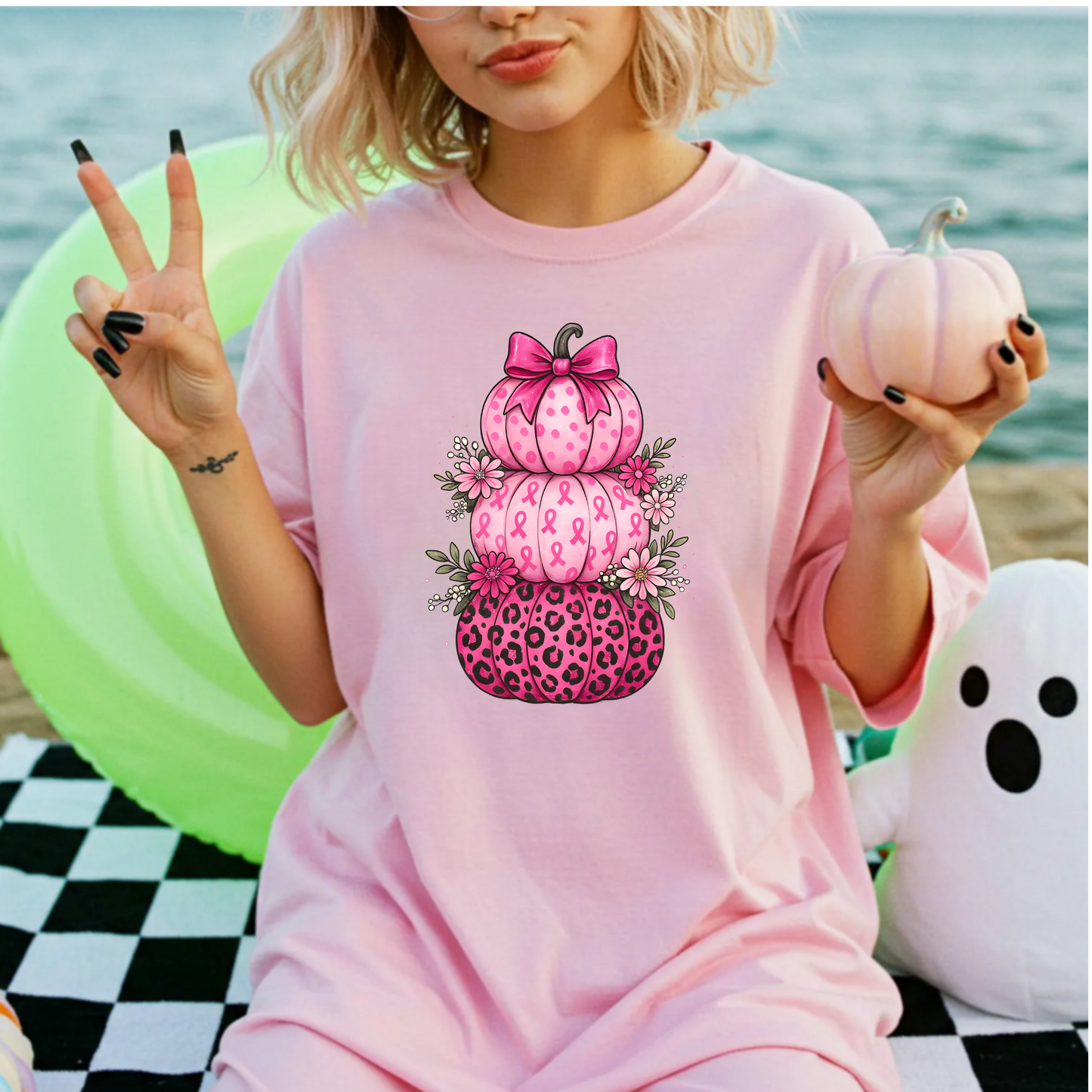 Unisex T-Shirt Pink Ribbon Stacked Pumpkins Halloween Fall