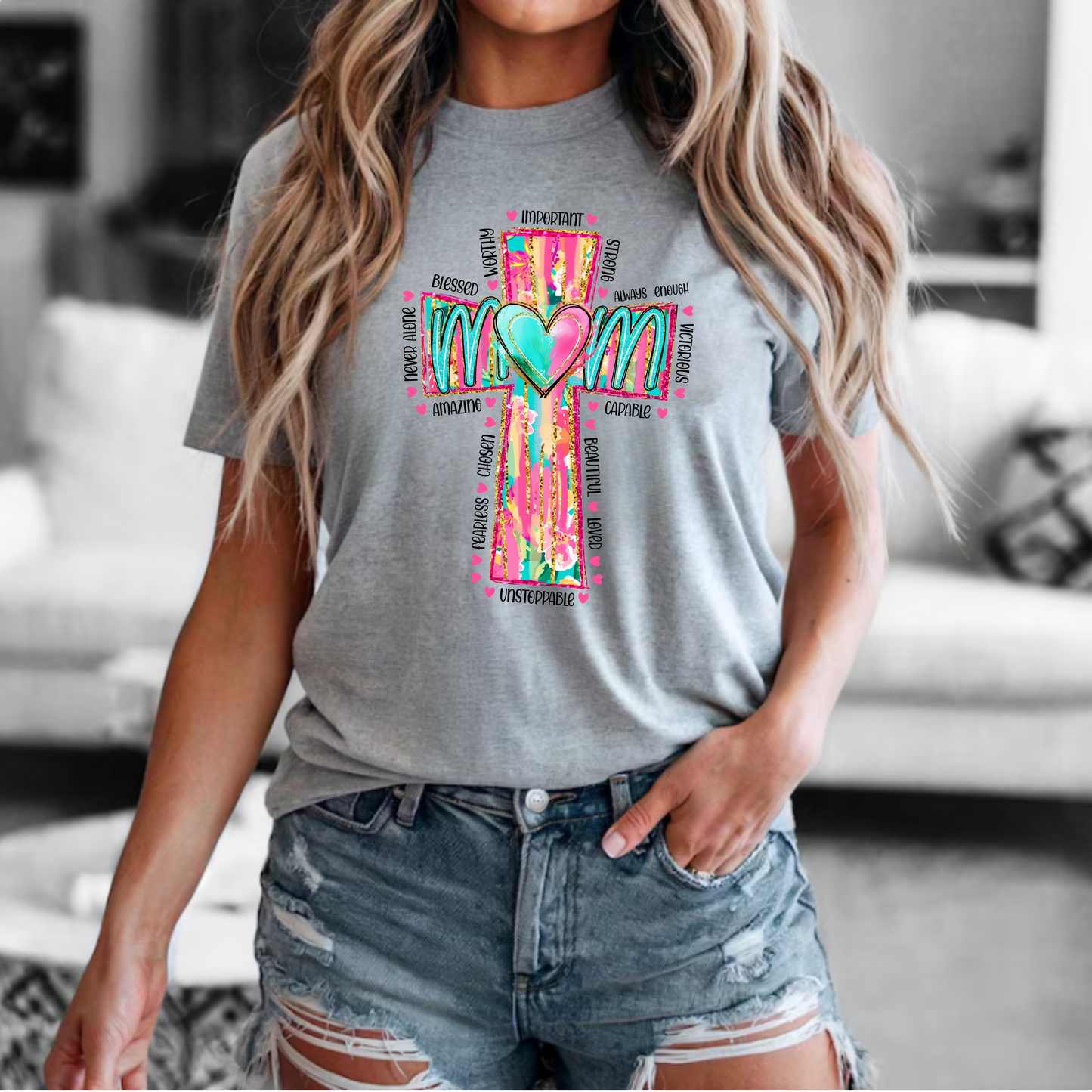 Christian Mom Unisex Tee with Neon Cross Design