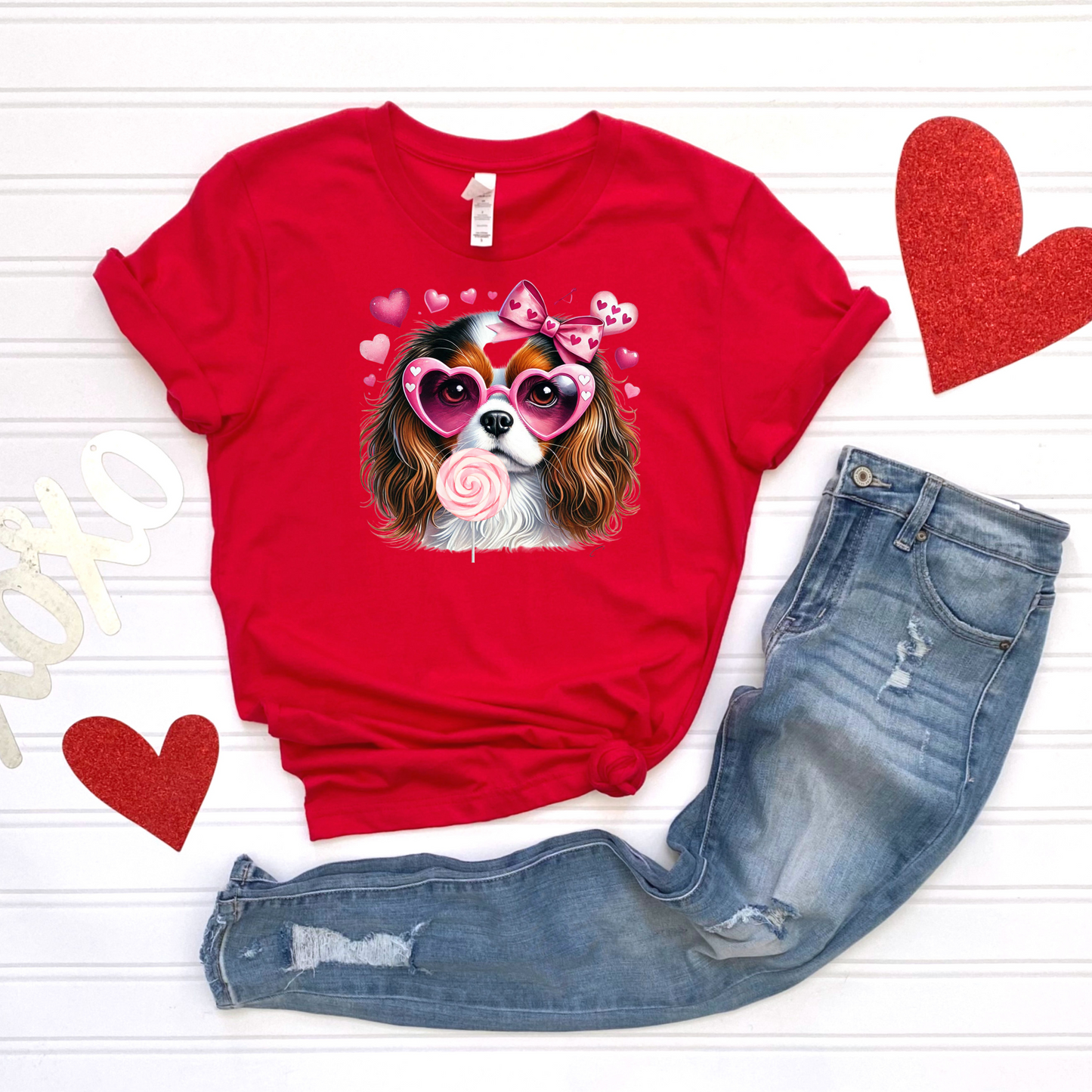 Valentines Day Tee with Dog and Heart Sunglasses