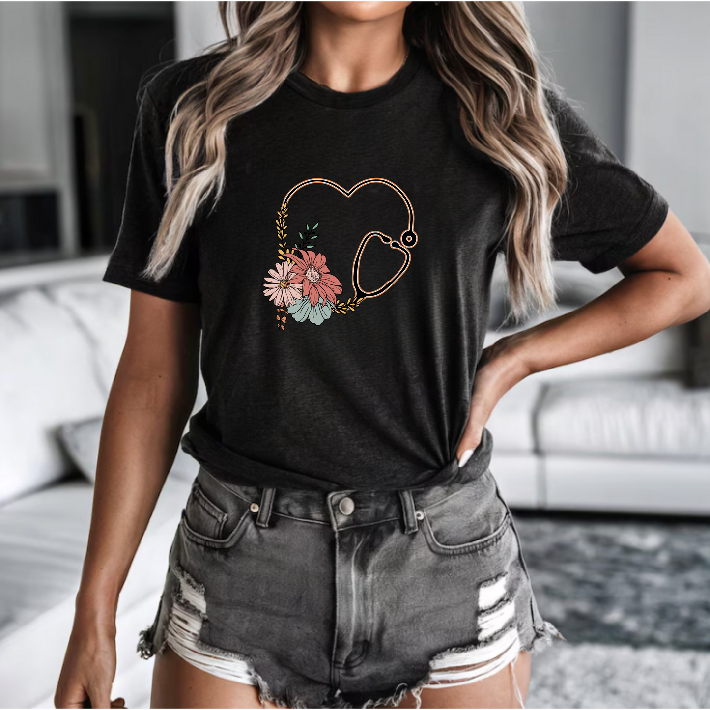 Floral Nursing Stethoscope Tee
