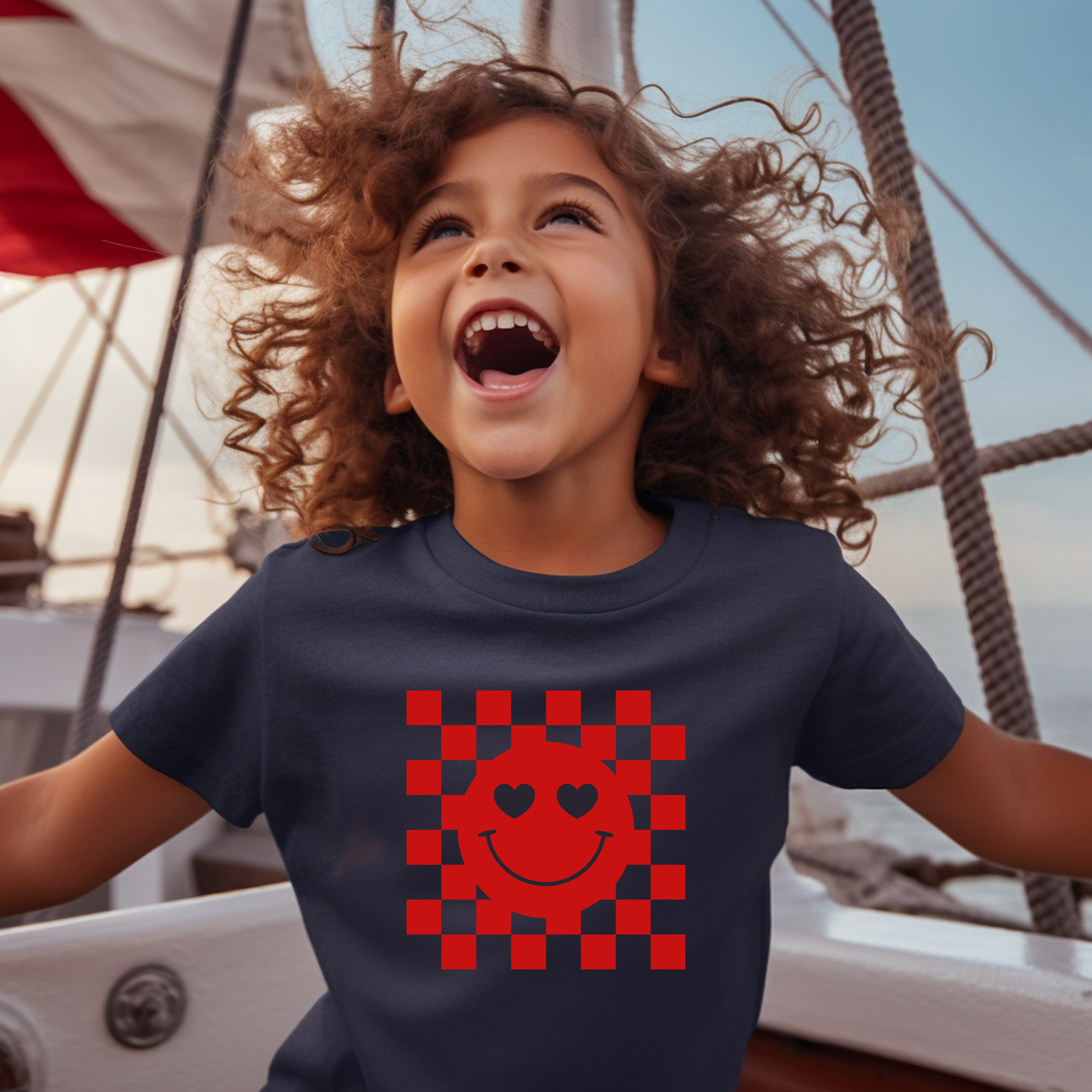 Toddler Tee - Checkerboard Smiley Face with Heart Eyes Design