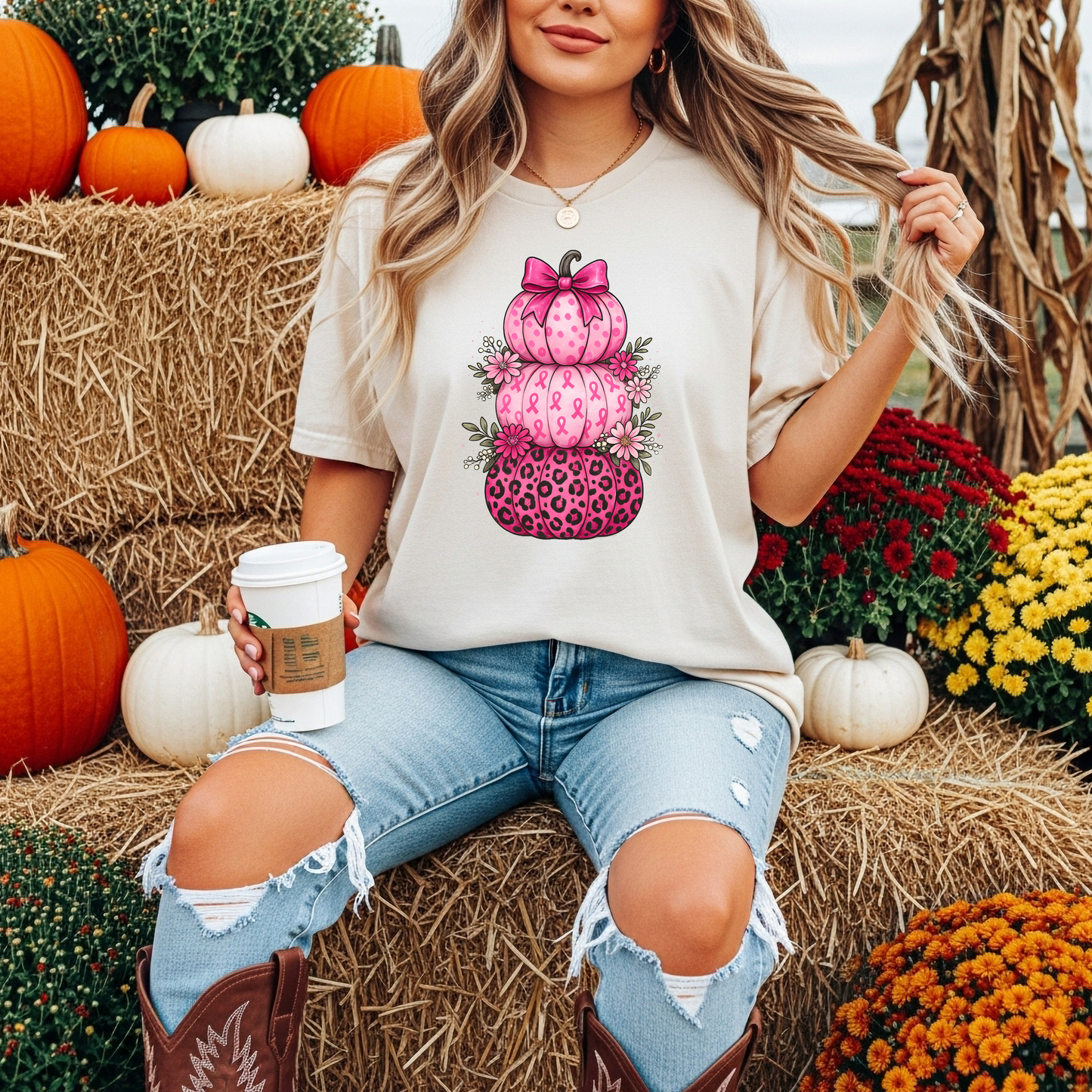 Unisex T-Shirt Pink Ribbon Stacked Pumpkins Halloween Fall