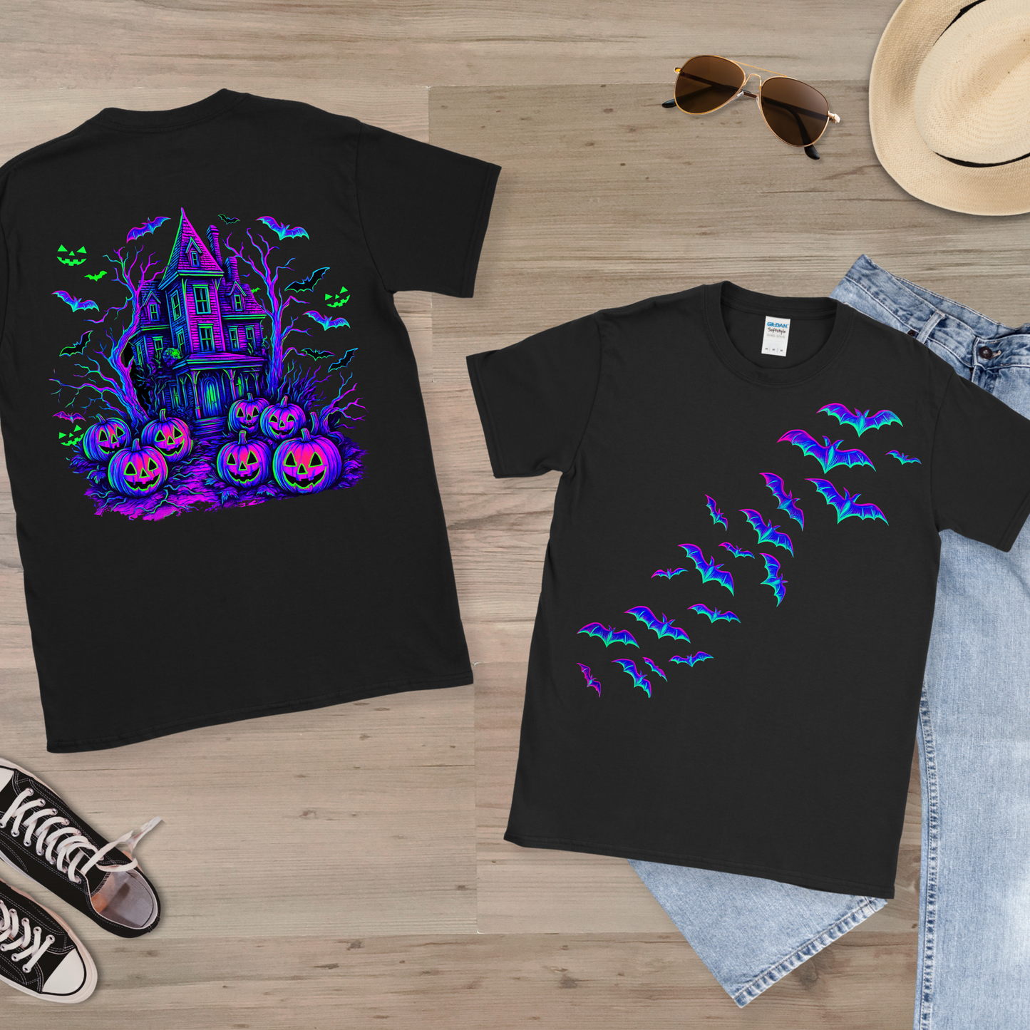 Neon front and back Halloween scene png