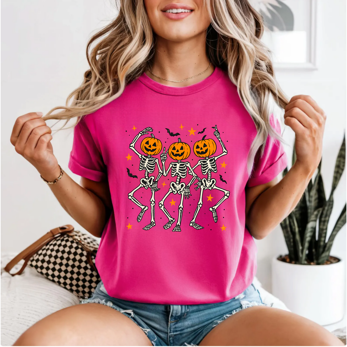 Skeleton Dance Unisex T-Shirt with Pumpkin Heads