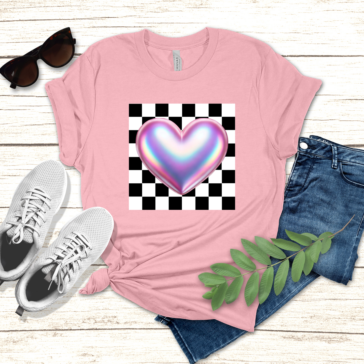 Black and white checkerboard with iridescent pink heart Valentine's Day png