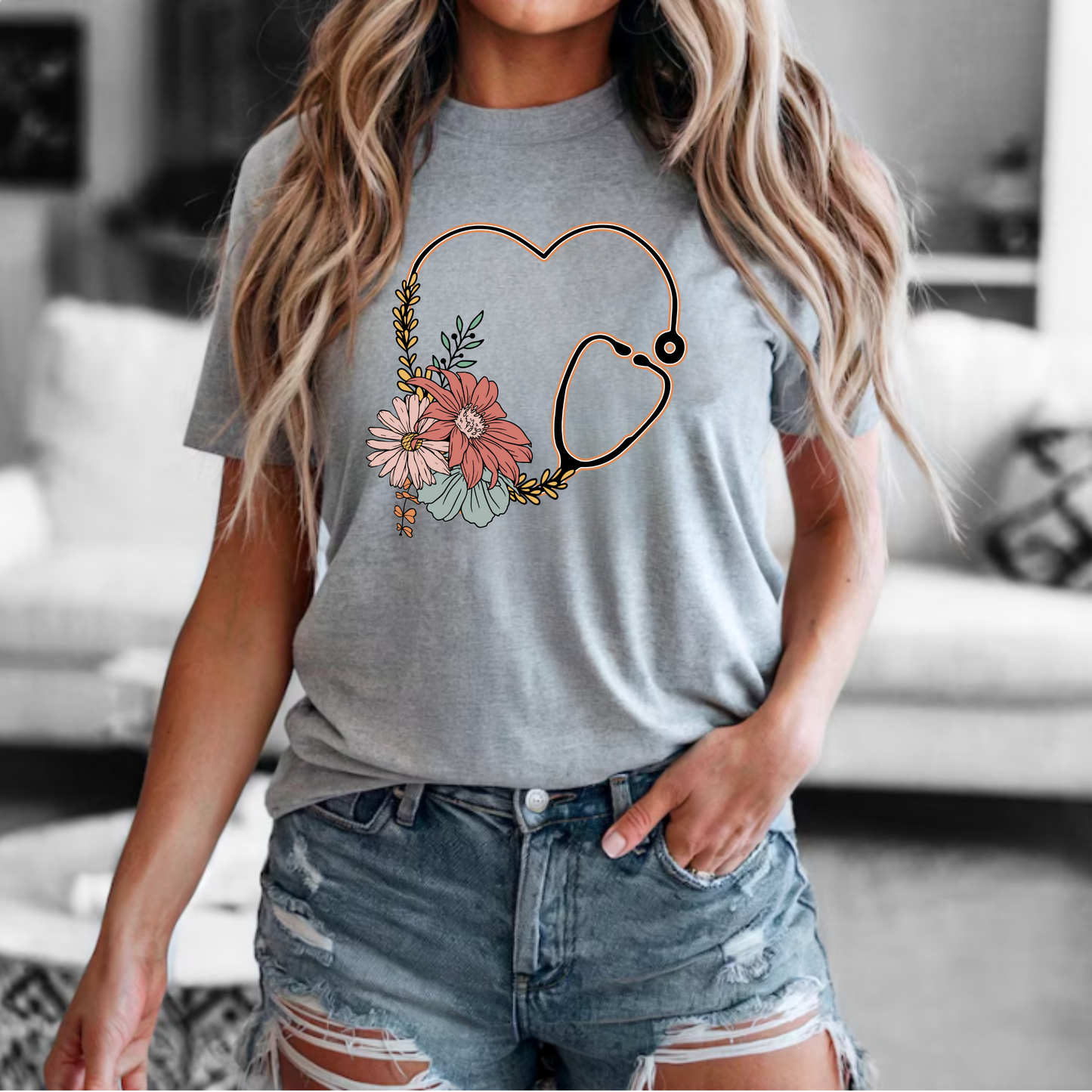 Floral Nursing Stethoscope Tee