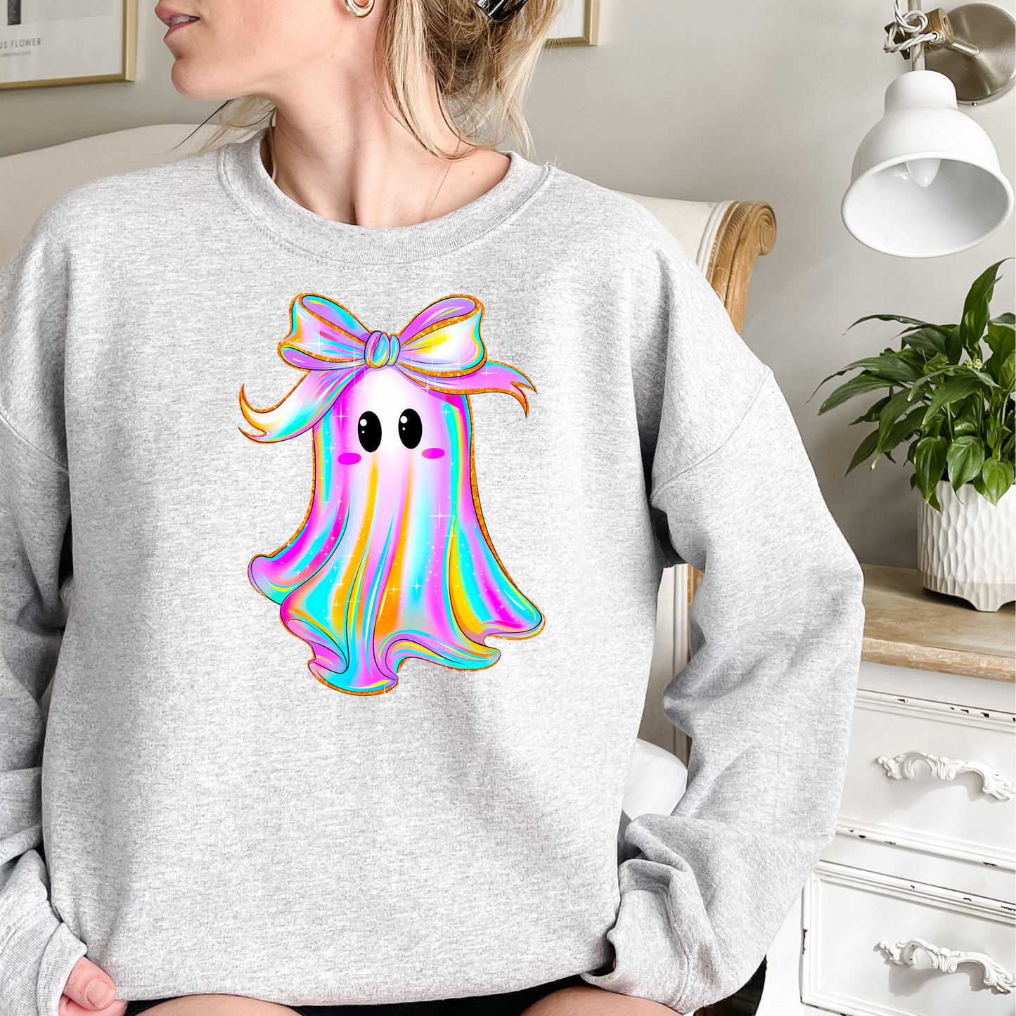 Iridescent Ghost with Bow Crewneck Sweatshirt