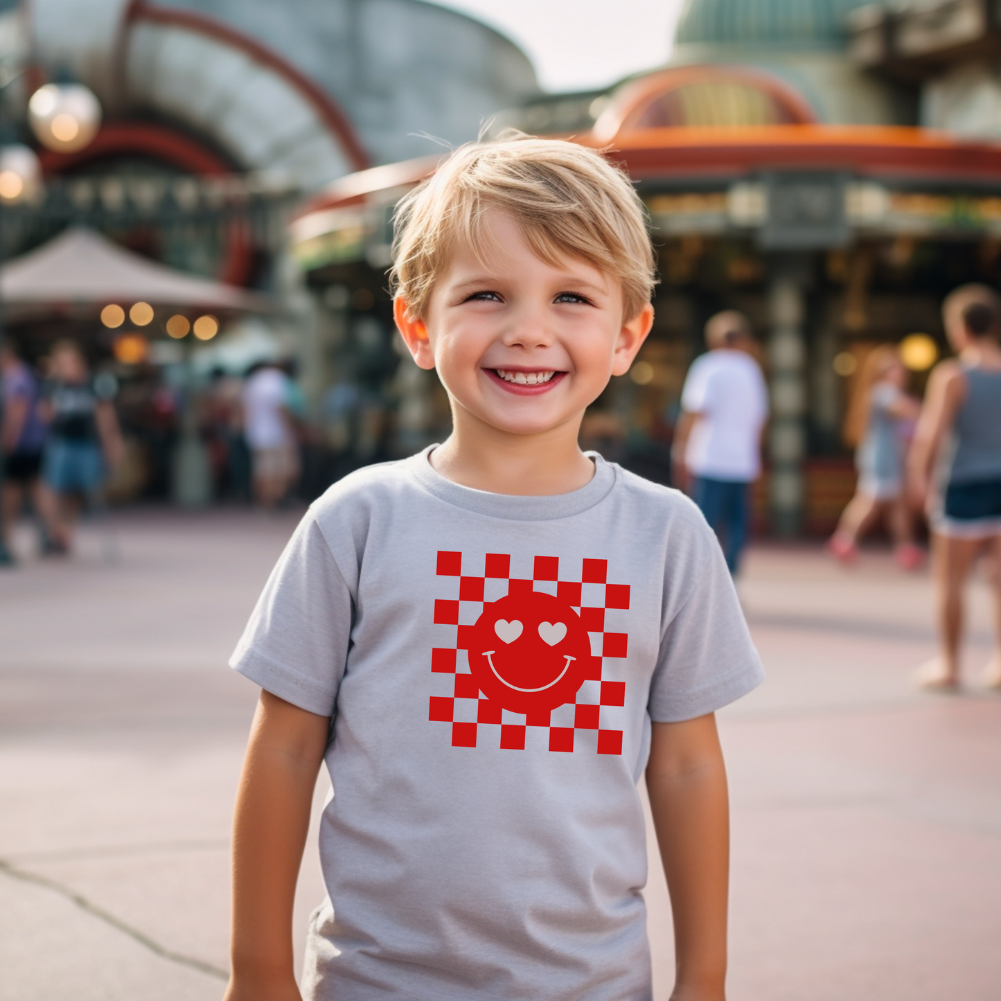Toddler Tee - Checkerboard Smiley Face with Heart Eyes Design