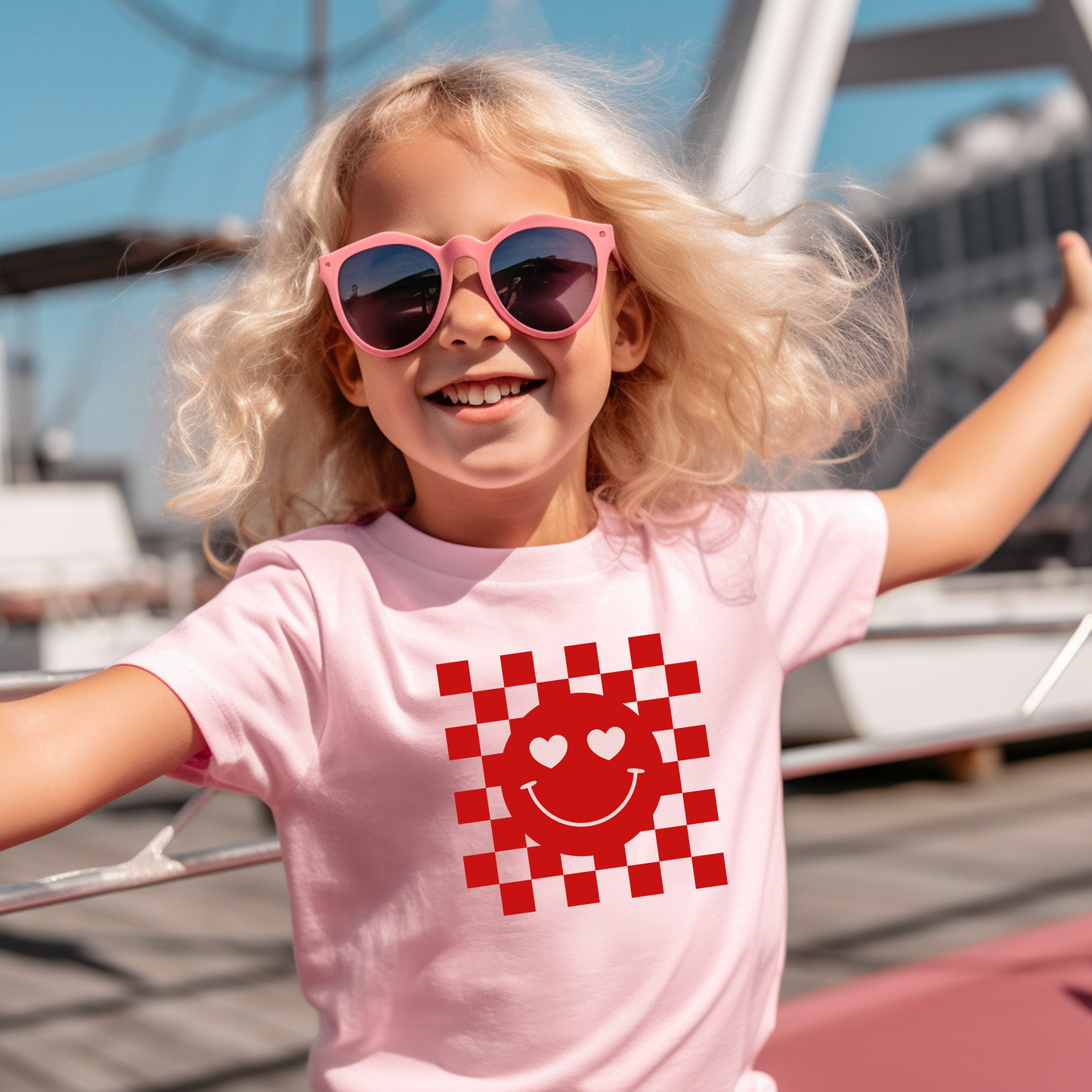 Toddler Tee - Checkerboard Smiley Face with Heart Eyes Design