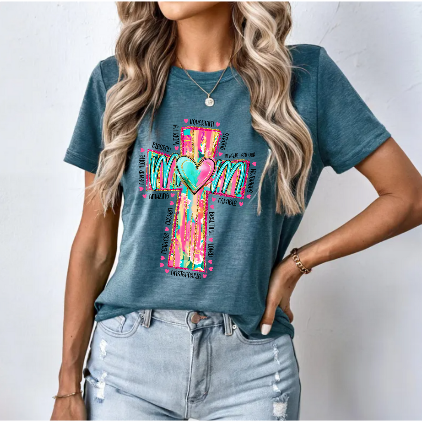 Christian Mom Unisex Tee with Neon Cross Design