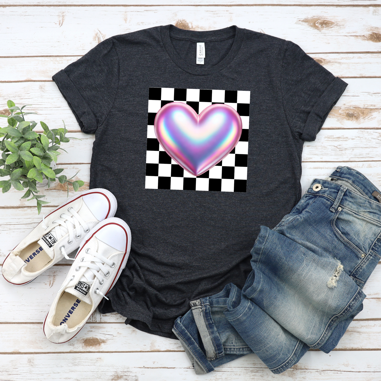 Black and white checkerboard with iridescent pink heart Valentine's Day png