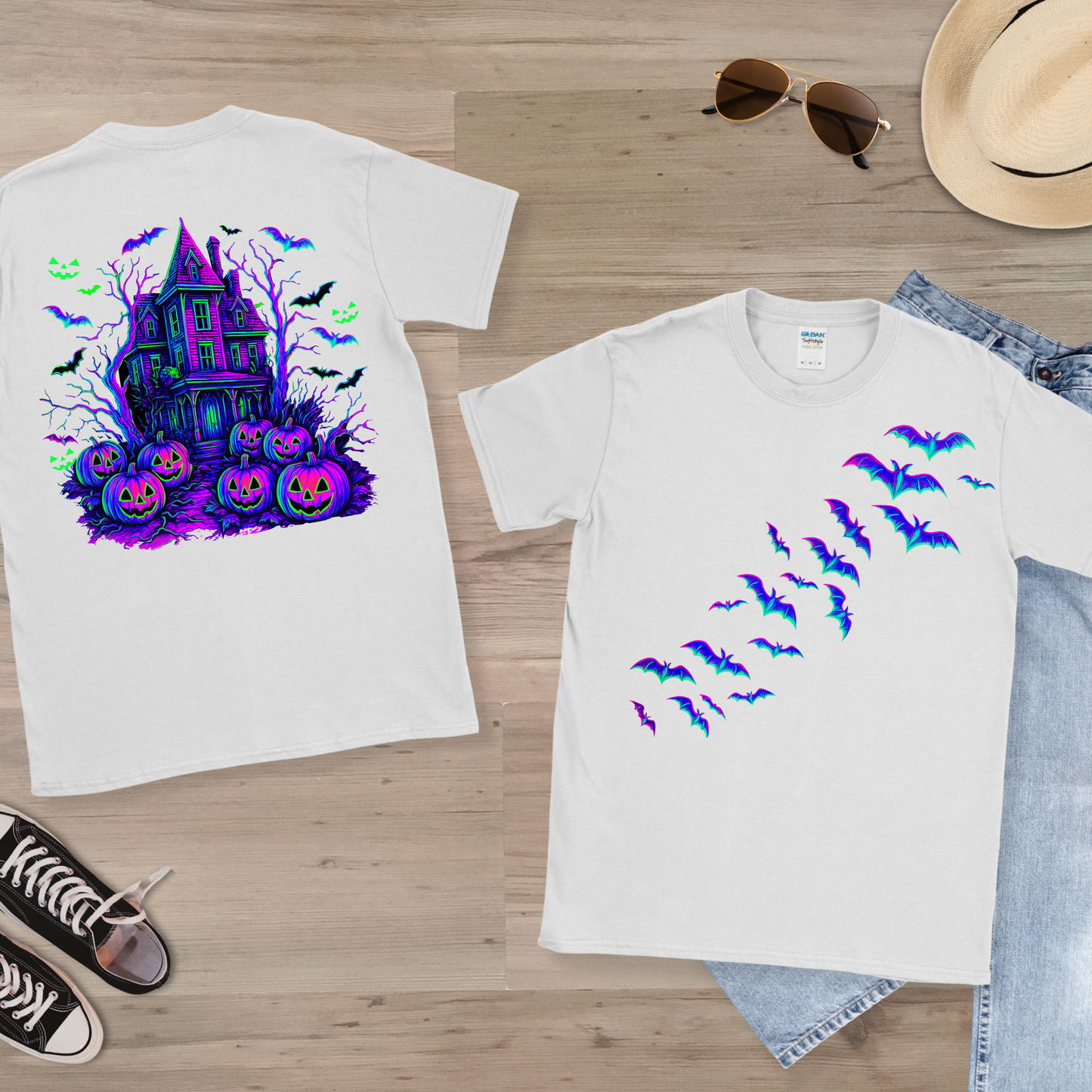Neon front and back Halloween scene png
