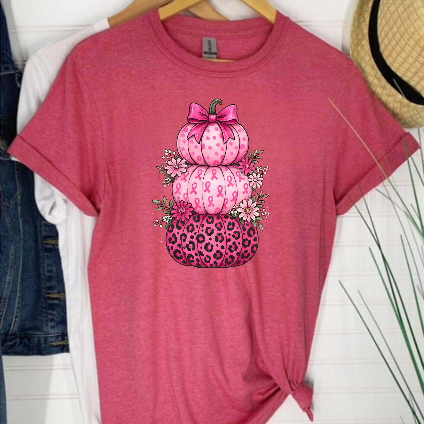 Unisex T-Shirt Pink Ribbon Stacked Pumpkins Halloween Fall