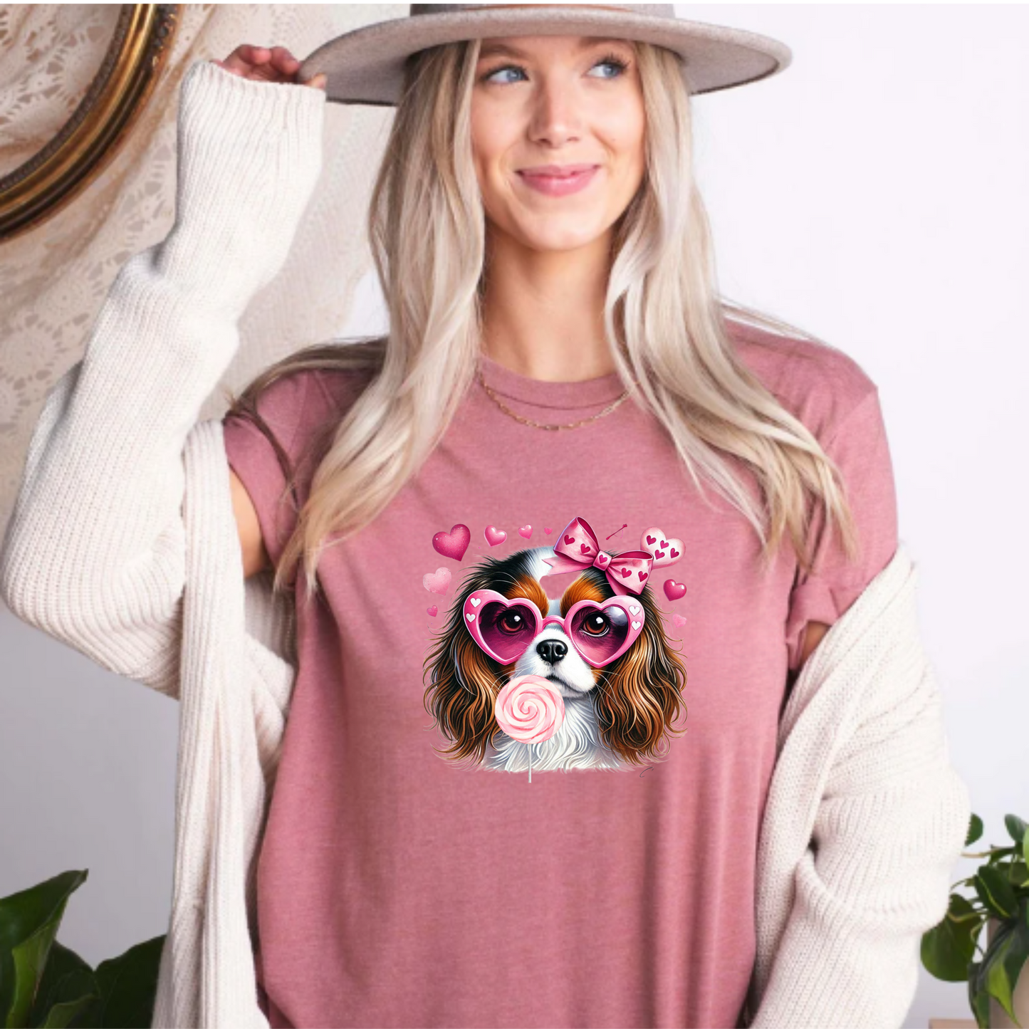 Valentines Day Tee with Dog and Heart Sunglasses