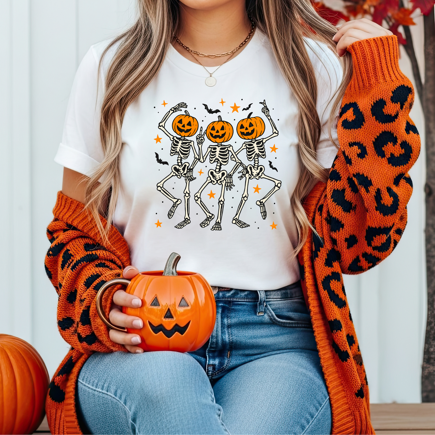 Skeleton Dance Unisex T-Shirt with Pumpkin Heads