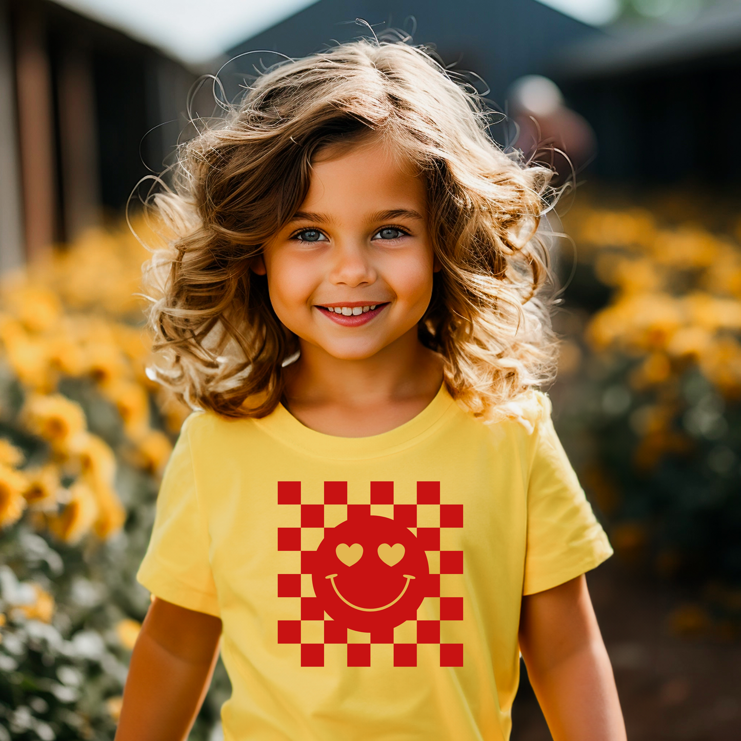 Toddler Tee - Checkerboard Smiley Face with Heart Eyes Design
