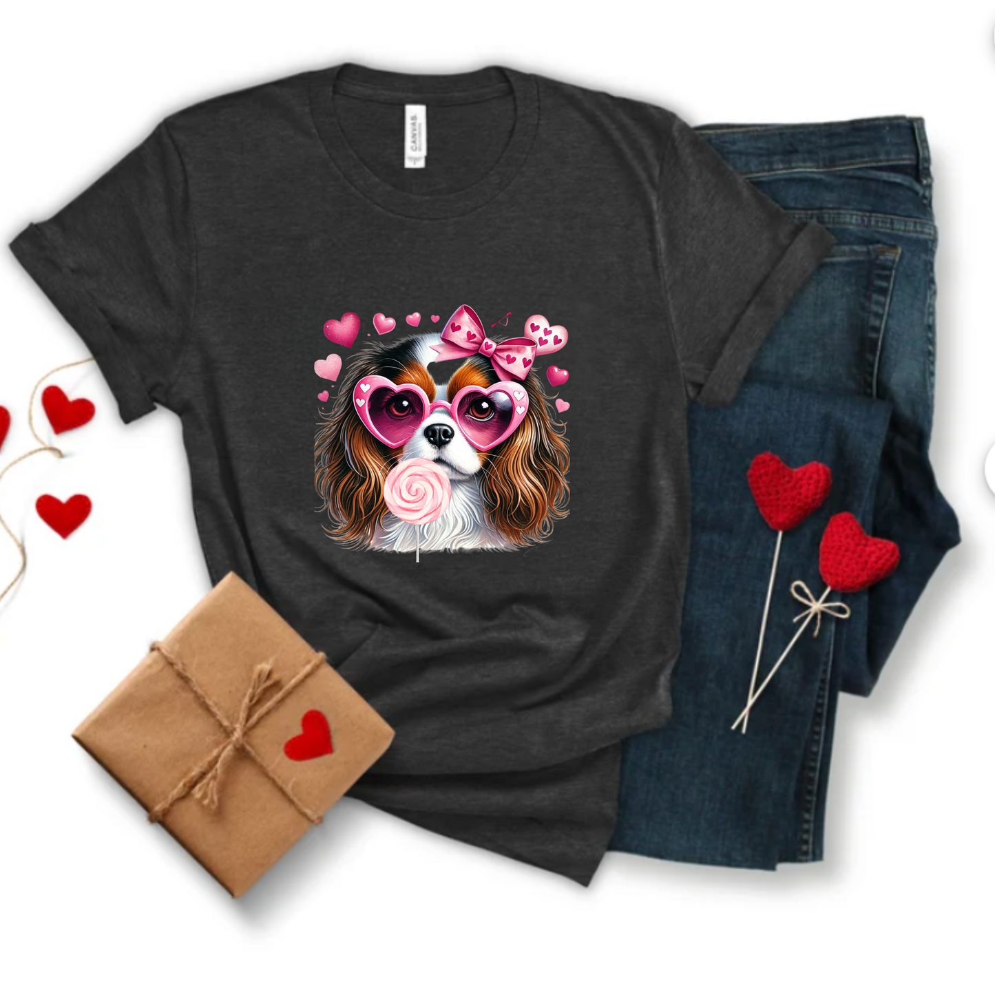 Valentines Day Tee with Dog and Heart Sunglasses