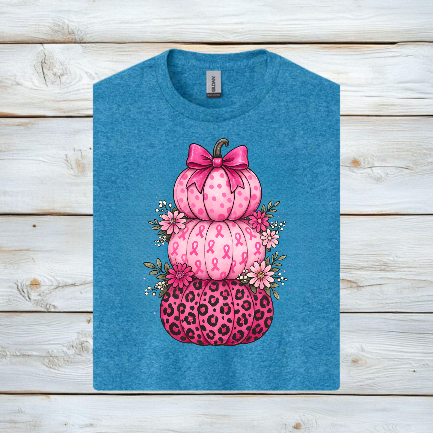 Unisex T-Shirt Pink Ribbon Stacked Pumpkins Halloween Fall