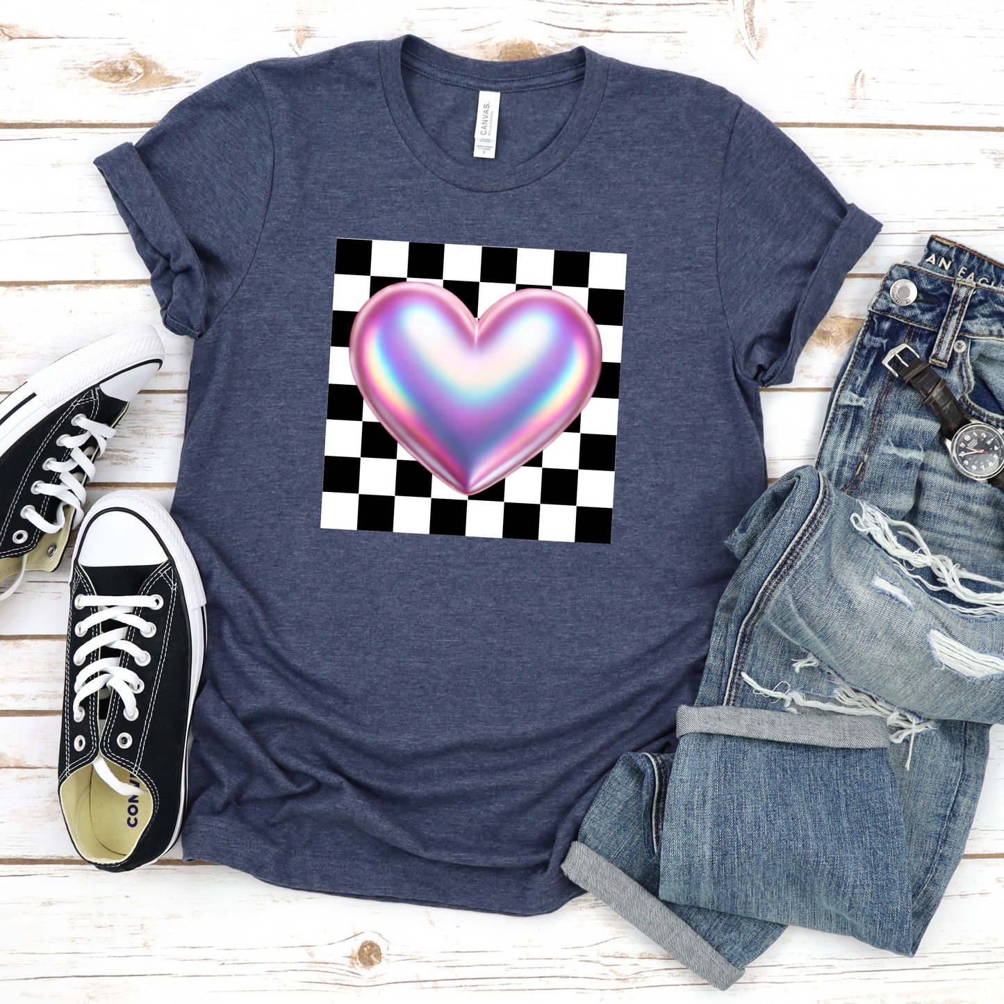 Black and white checkerboard with iridescent pink heart Valentine's Day png