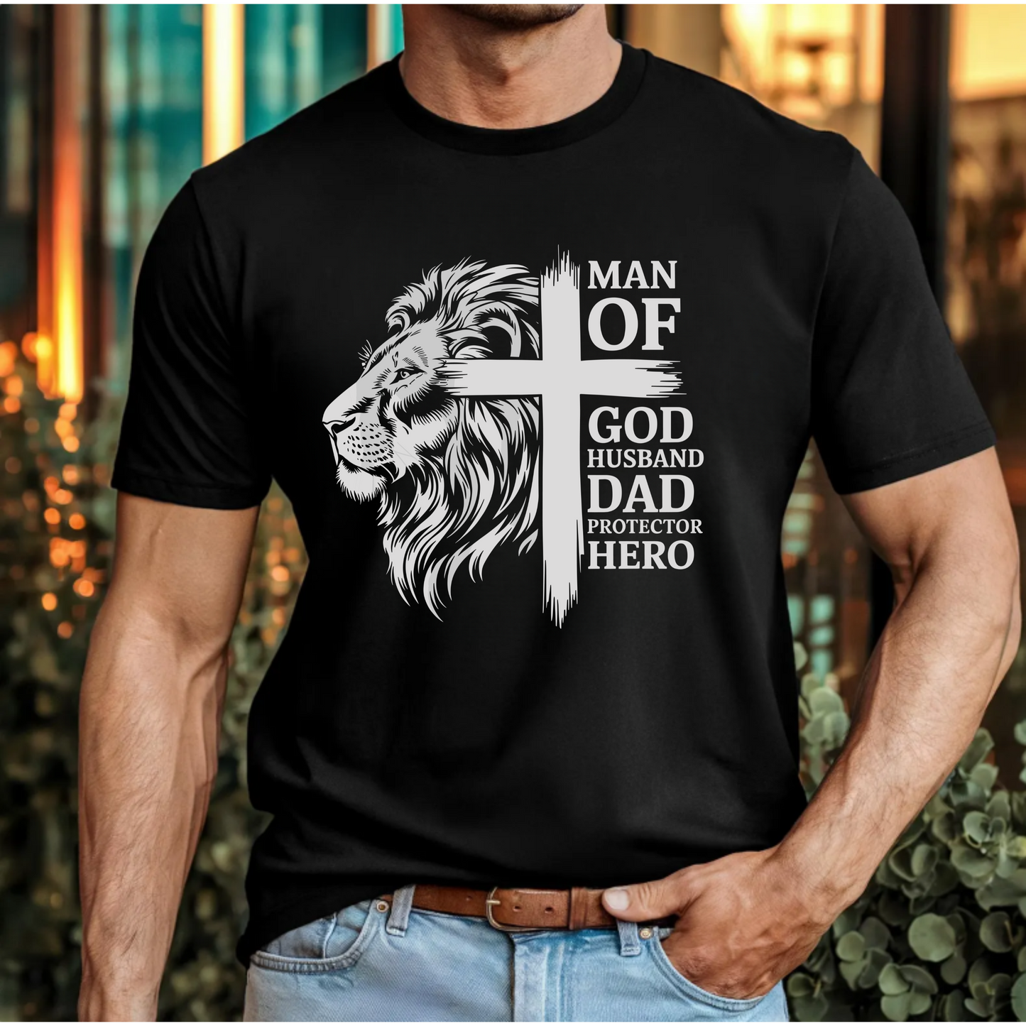 Men's Faith & Family Graphic Tee - 'Man of God, Husband, Dad, Protector, Hero'