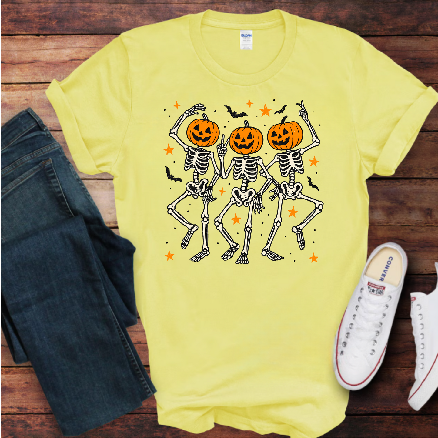 Skeleton Dance Unisex T-Shirt with Pumpkin Heads